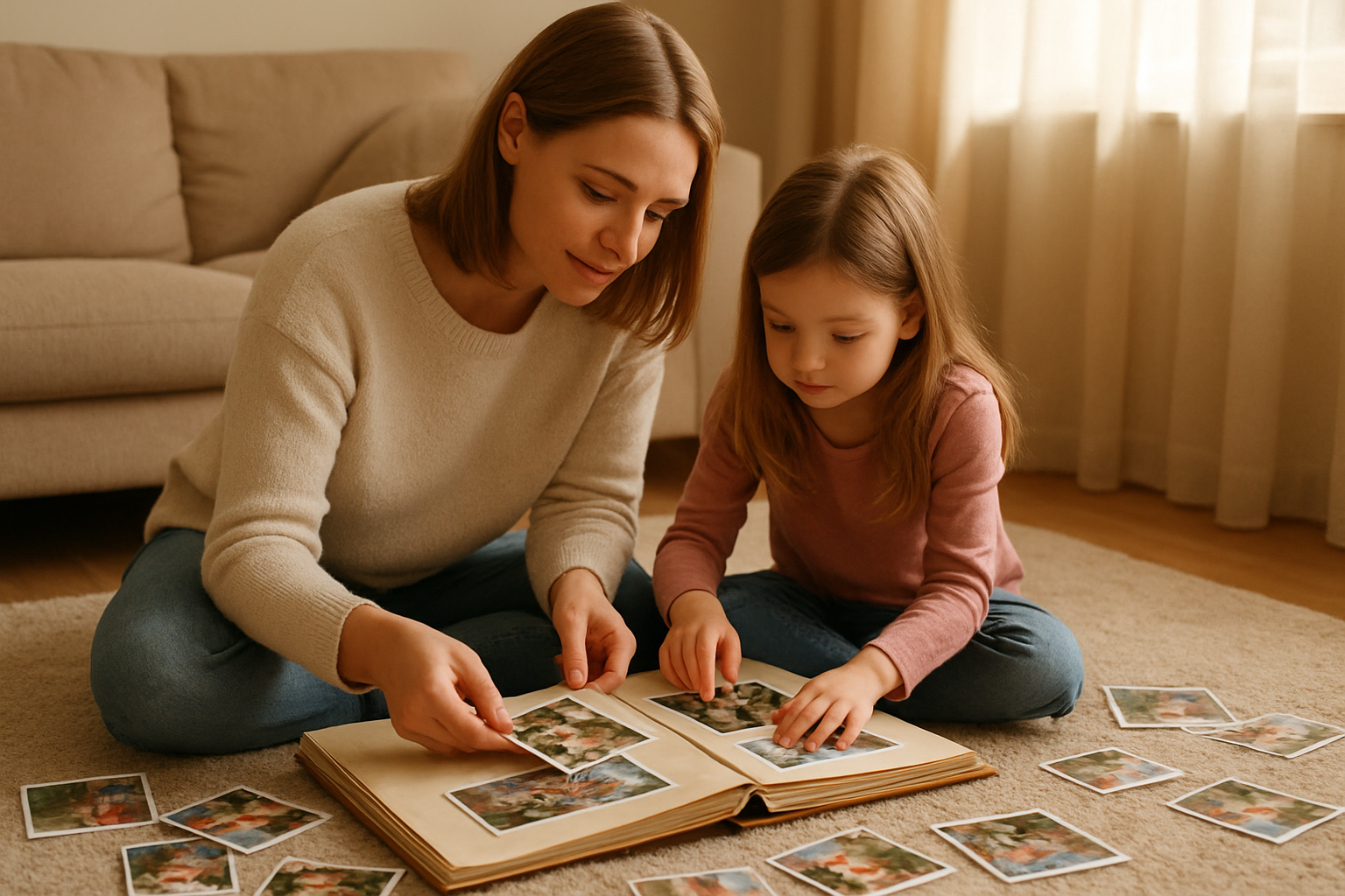 Create a realistic image of a white mother and her young daughter sitting together on a cozy living room floor, carefully placing printed photographs into a scrapbook album, with scattered colorful photo memories around them, soft natural lighting streaming through a nearby window, warm and intimate atmosphere, comfortable home setting with a soft rug and gentle shadows, both focused on preserving their special moments together, absolutely NO text should be in the scene.