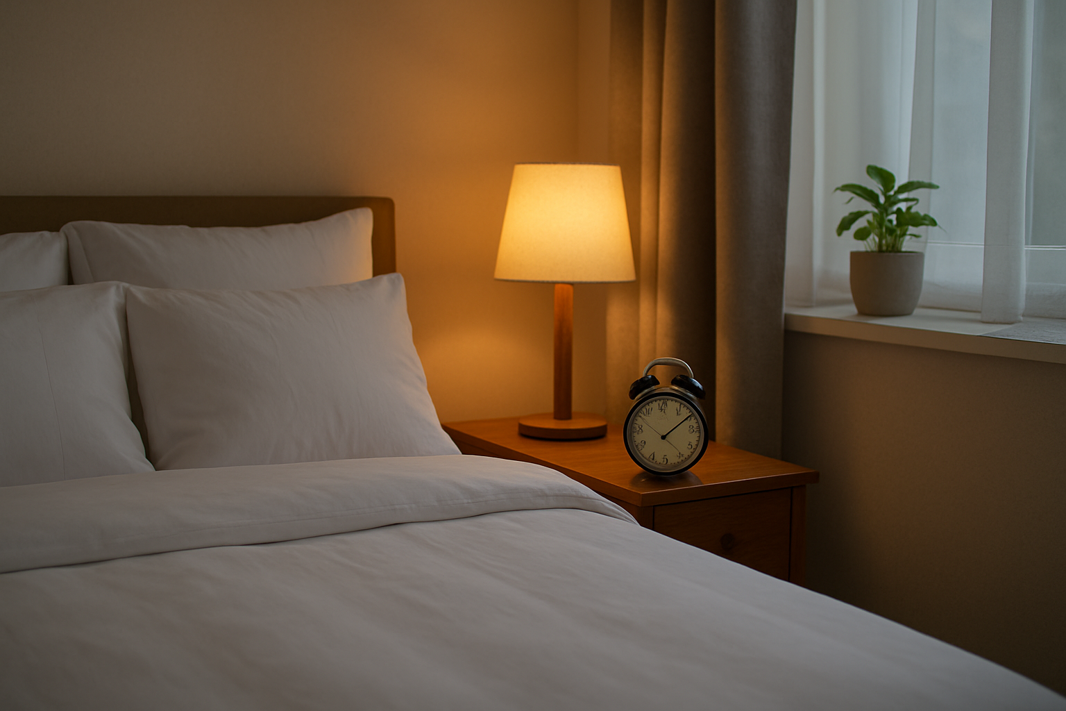 Create a realistic image of a peaceful bedroom scene with a neatly made bed featuring white crisp linens and fluffy pillows, a wooden nightstand with a analog alarm clock showing early evening time, soft warm lighting from a bedside lamp creating a cozy atmosphere, curtains partially drawn with gentle natural light filtering through, and a small potted plant on the windowsill, all conveying a sense of calm and preparation for healthy sleep routines, absolutely NO text should be in the scene.