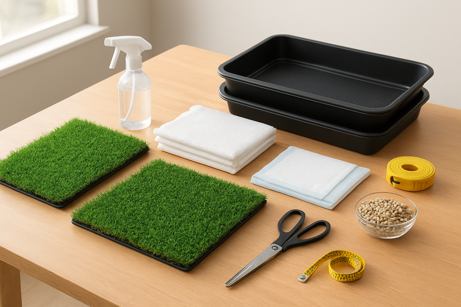Create a realistic image of essential DIY indoor dog potty supplies neatly arranged on a clean wooden table, including artificial grass turf patches, waterproof plastic trays, puppy training pads, a spray bottle, scissors, measuring tape, plastic liner sheets, and small drainage gravel, with bright natural lighting from a nearby window creating a clean workshop atmosphere, shot from a slightly elevated angle to show all materials clearly, absolutely NO text should be in the scene.