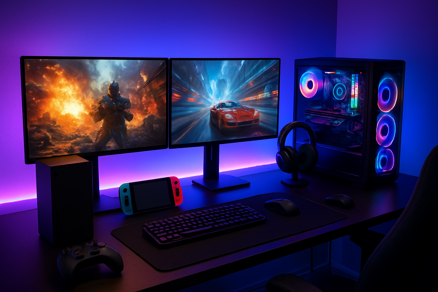 Create a realistic image of a dynamic gaming setup showcasing multiple gaming platforms including a high-end gaming PC with RGB lighting, PlayStation and Xbox consoles, and a Nintendo Switch, all arranged on a sleek black gaming desk with multiple monitors displaying vibrant action game screenshots featuring explosions, sci-fi environments, racing cars, and fantasy landscapes, with gaming controllers, headsets, and LED strip lighting creating an energetic atmosphere in a dimly lit modern gaming room with purple and blue ambient lighting, absolutely NO text should be in the scene.