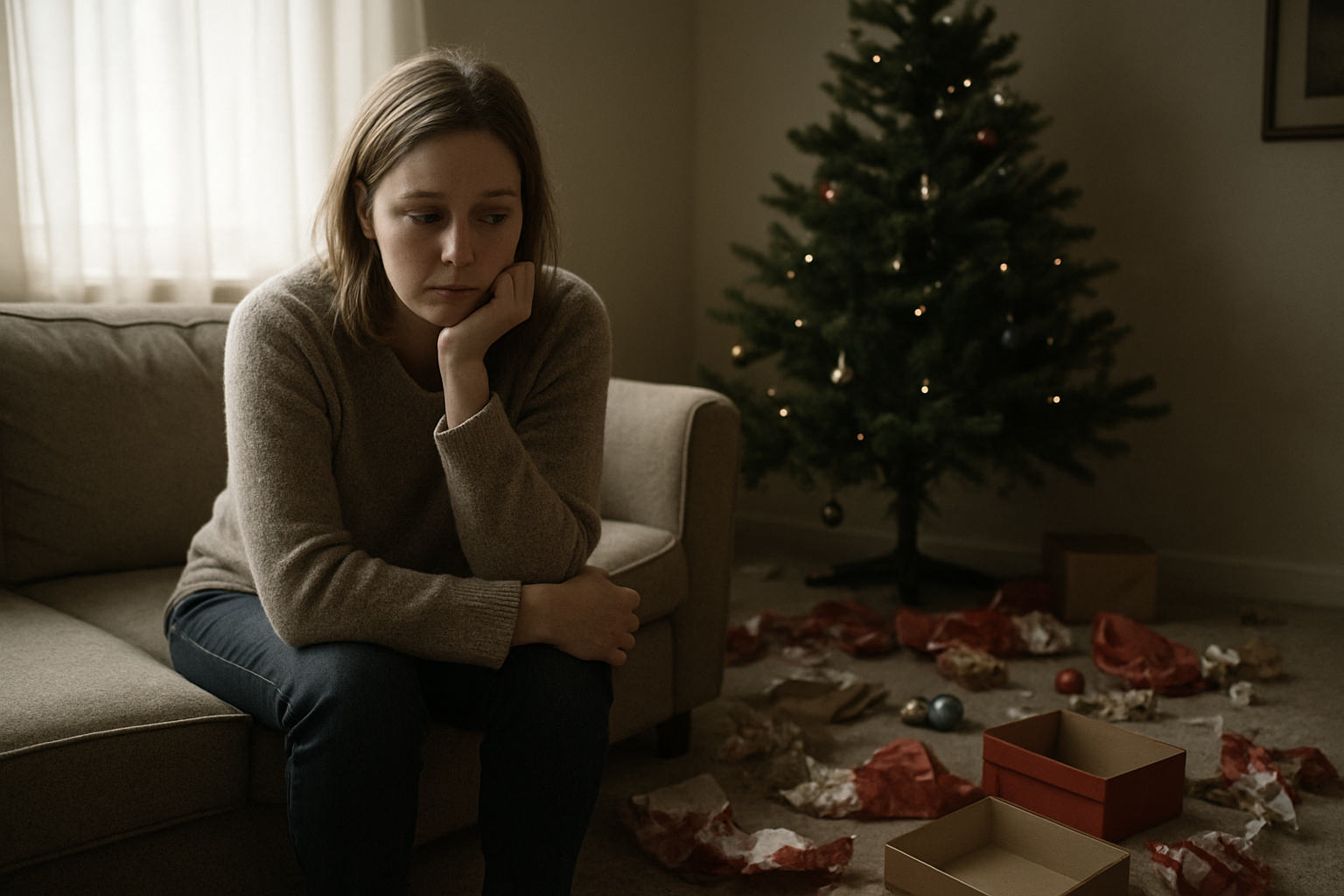 Create a realistic image of a contemplative white female sitting alone in a living room surrounded by post-Christmas remnants including empty gift boxes, scattered wrapping paper, and a partially decorated Christmas tree with some ornaments fallen on the floor, with soft natural lighting filtering through a window creating a melancholic atmosphere that conveys spiritual emptiness and the challenge of maintaining faith after holiday festivities have ended, absolutely NO text should be in the scene.
