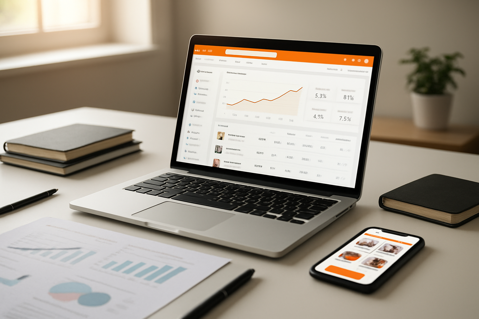 Create a realistic image of a modern workspace showing a laptop computer displaying the Temu marketplace interface with seller dashboard elements visible on screen, surrounded by business setup materials including notebooks, pens, and planning documents spread across a clean white desk, with a smartphone nearby showing mobile commerce apps, soft natural lighting from a window creating a professional and organized atmosphere, warm and motivating mood suggesting business growth and success, absolutely NO text should be in the scene.