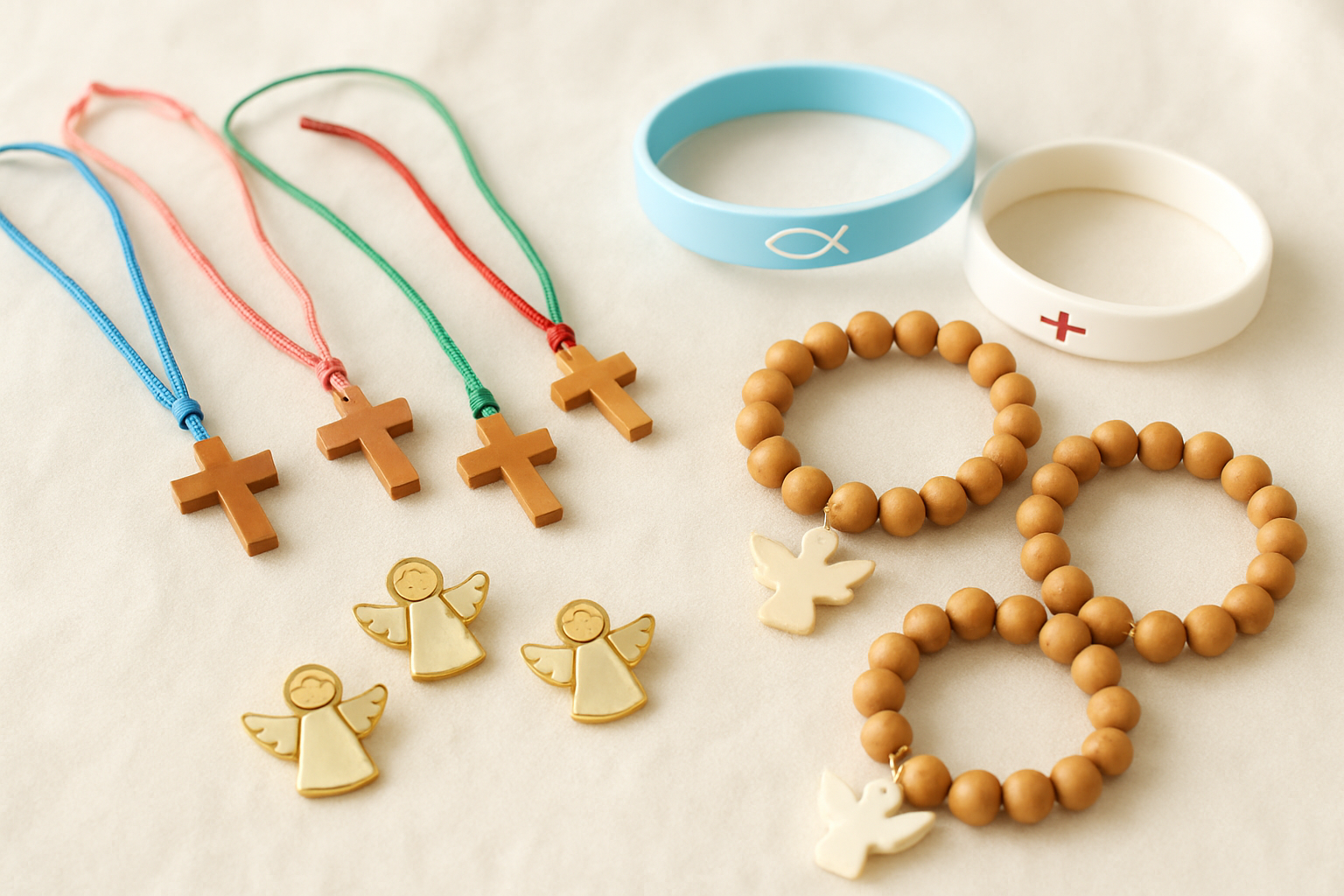 Create a realistic image of a collection of Christian jewelry and wearable faith items for children displayed on a soft white fabric surface, including small cross necklaces with colorful cords, wooden bead bracelets with dove charms, silicone wristbands with religious symbols, and small angel pins, arranged in an appealing layout with warm natural lighting from above, shot from a slightly elevated angle to showcase the variety of items clearly, with a clean and bright background that emphasizes the jewelry pieces. Absolutely NO text should be in the scene.