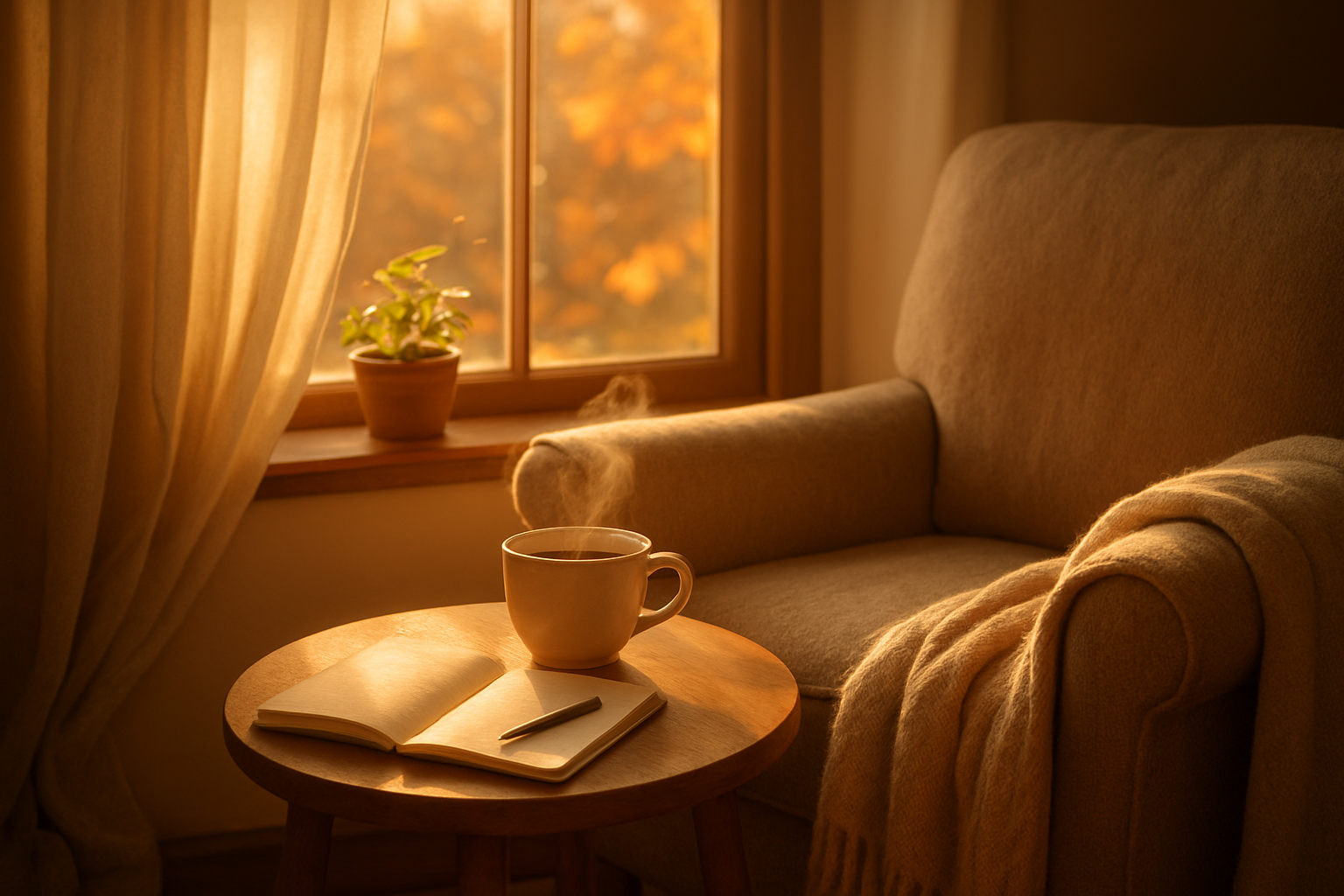 Create a realistic image of a cozy, softly lit room during golden hour with warm sunlight streaming through a window, featuring a comfortable reading nook with a plush armchair, a small wooden side table holding a steaming cup of tea and an open journal with a pen resting beside it, surrounded by gentle elements like a soft throw blanket draped over the chair, a small potted plant on the windowsill, and scattered autumn leaves visible outside the window, creating a peaceful and reflective atmosphere that conveys self-compassion and gentle introspection, with warm amber and cream color tones throughout the scene, absolutely NO text should be in the scene.
