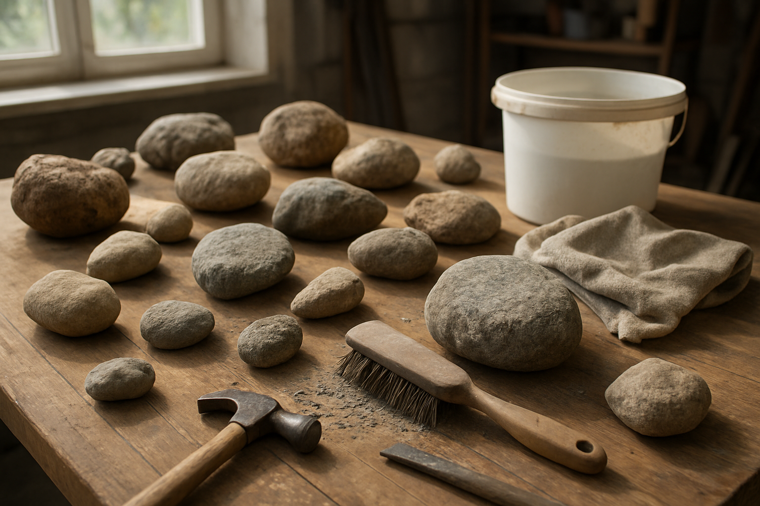 Create a realistic image of various natural rocks of different sizes, shapes, and textures arranged on a wooden work surface, with some rocks being cleaned with a wire brush and cloth, a bucket of clean water nearby, and tools like a small hammer and chisel scattered around, set in a bright garage or workshop environment with natural lighting streaming through windows, showing the preparation process for selecting the perfect foundation stones for a DIY fountain project, absolutely NO text should be in the scene.