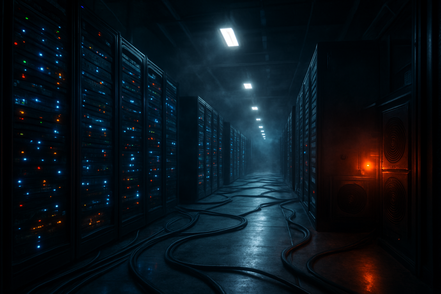 Create a realistic image of a massive server farm with rows of towering black server racks stretching into the distance, bright LED status lights blinking rapidly across the equipment, thick power cables snaking along the floor, large industrial cooling fans and air conditioning units working overtime with visible heat distortion rising from the servers, dramatic overhead lighting casting long shadows between the server rows, emergency power indicators glowing red and orange, the scene conveying intense computational activity and overwhelming energy consumption, dark industrial atmosphere with metallic surfaces reflecting the equipment lights, Absolutely NO text should be in the scene.