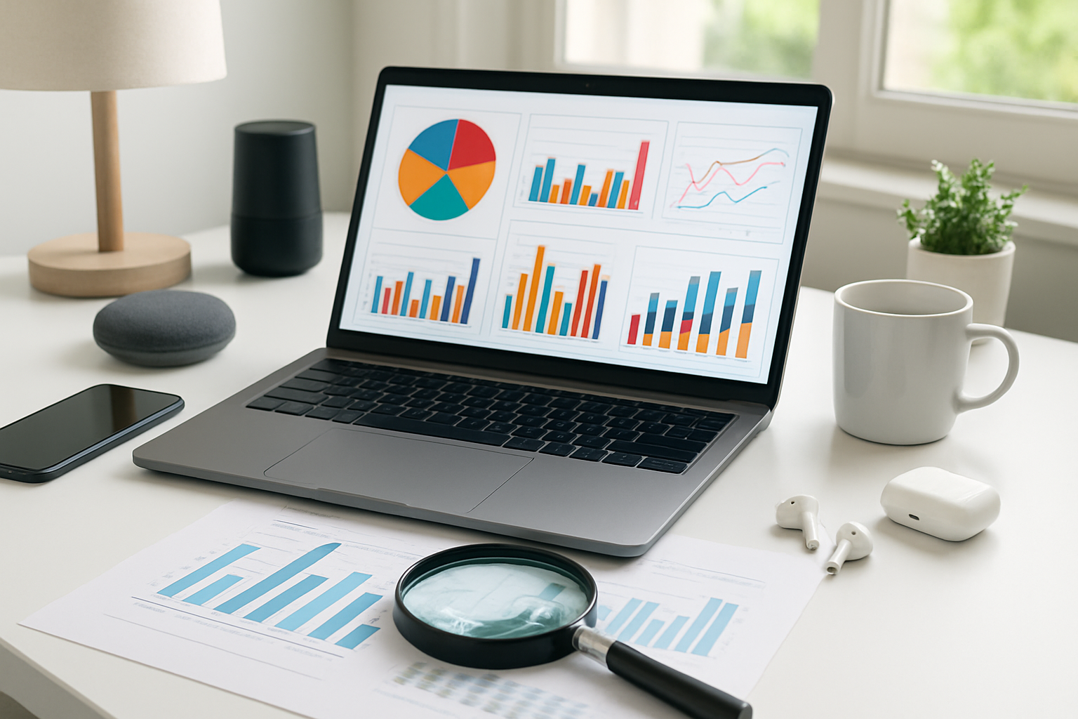 Create a realistic image of a modern workspace with a laptop displaying colorful product analytics charts and graphs, surrounded by trending consumer items like electronics, home goods, and gadgets arranged on a clean white desk, with a magnifying glass positioned over market research documents, bright natural lighting from a window, professional atmosphere suggesting data-driven product research and analysis. Absolutely NO text should be in the scene.