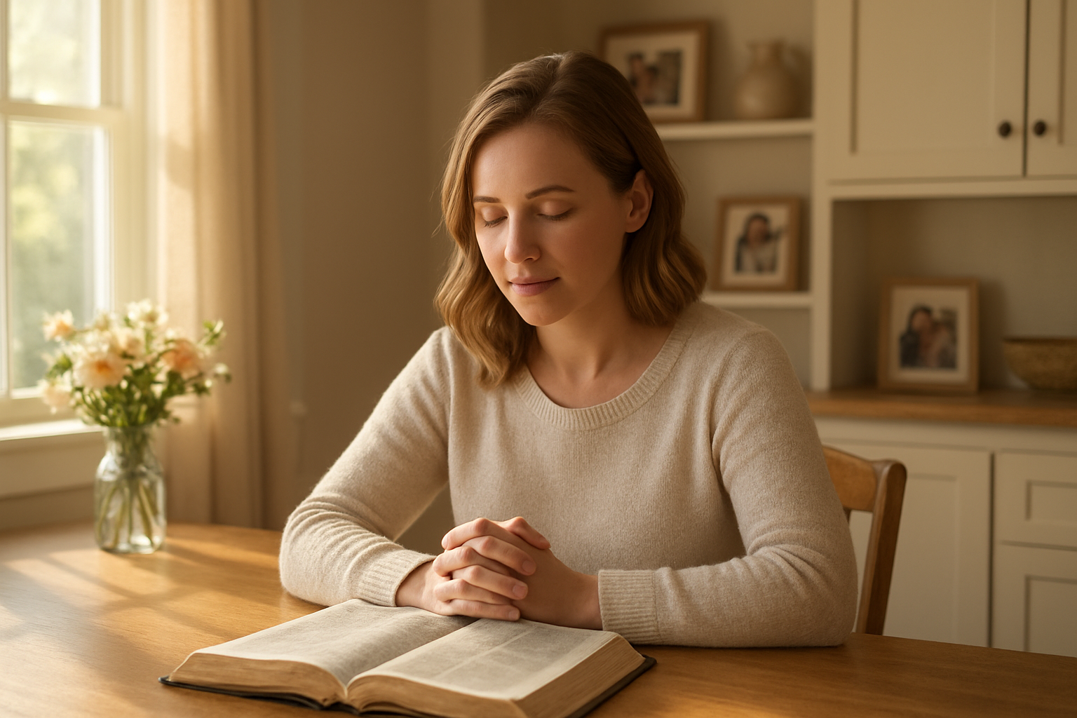 Create a realistic image of a peaceful home interior scene featuring a white Christian woman in her 30s sitting at a wooden kitchen table with an open Bible, surrounded by warm sunlight streaming through a window, with family photos on nearby shelves, fresh flowers in a vase, and a well-organized, welcoming home environment that conveys serenity, faith, and domestic harmony, captured in soft natural lighting with a warm color palette of creams, soft browns, and gentle golds that creates an atmosphere of spiritual reflection and contentment, absolutely NO text should be in the scene.