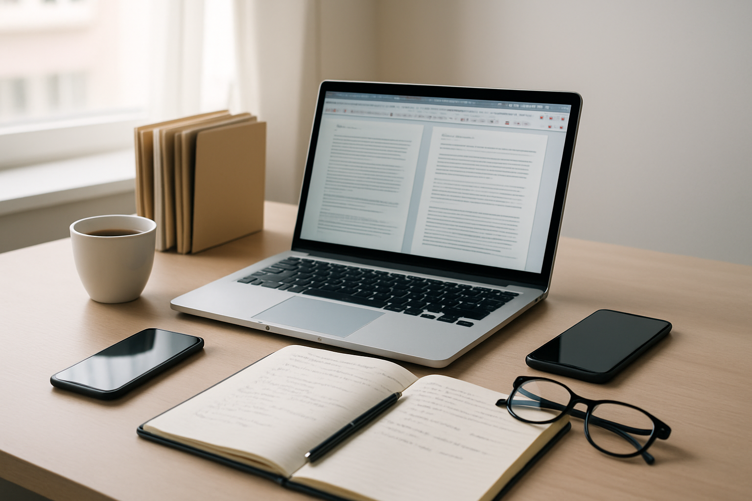 Create a realistic image of a modern workspace showing essential skills for online copy-paste jobs, featuring a clean desk with a laptop displaying multiple browser tabs and documents, a smartphone, a notebook with handwritten notes, reading glasses, a coffee cup, and organized file folders, with soft natural lighting from a window creating a professional and focused atmosphere, absolutely NO text should be in the scene.