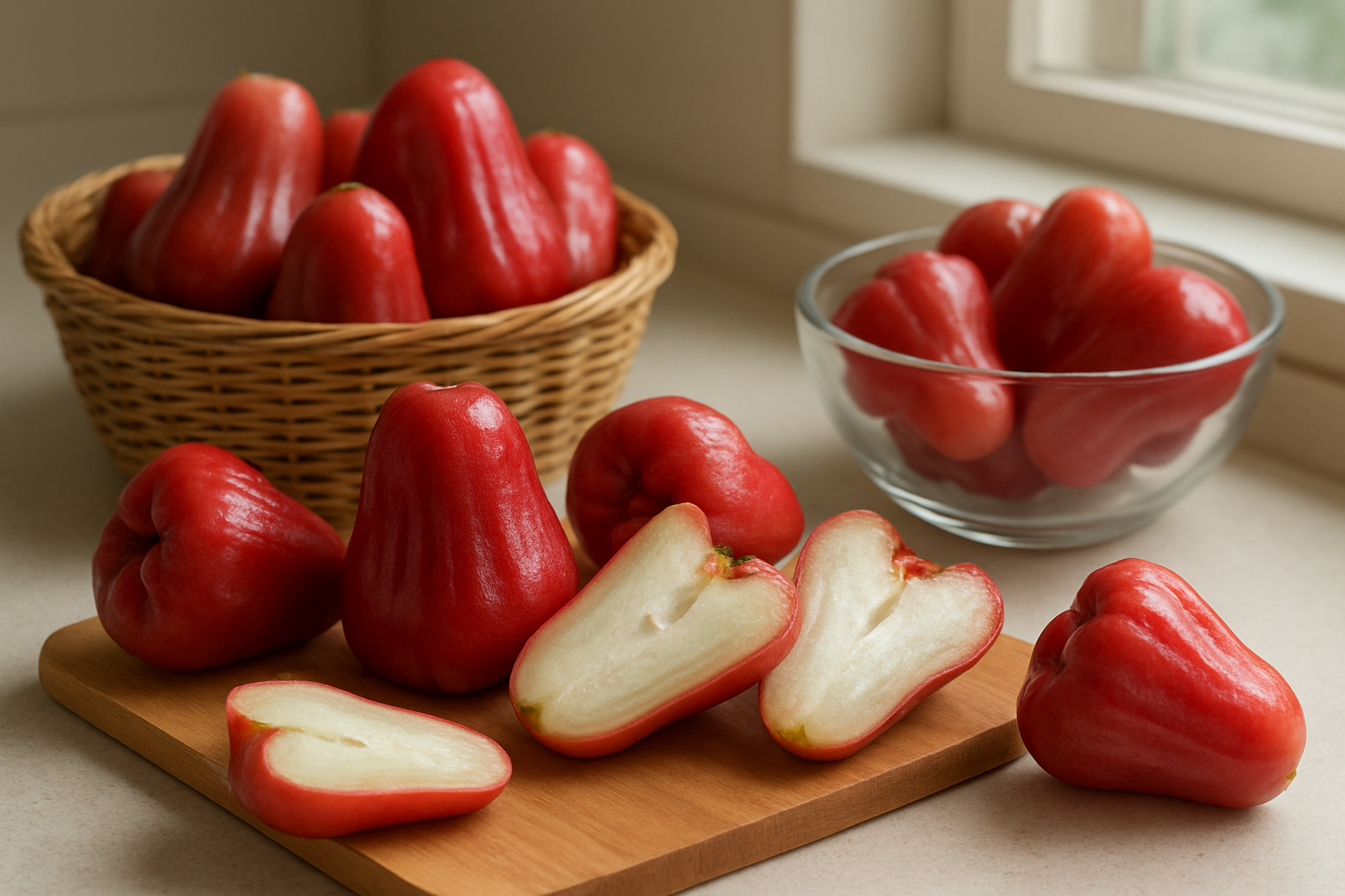 Create a realistic image of fresh rose apples arranged on a wooden cutting board with some whole fruits showing their distinctive bell shape and waxy pink-red skin, alongside cut rose apples revealing the white crisp flesh inside, a few rose apples stored in a wicker basket, and some placed in a glass bowl on a clean kitchen counter, with natural daylight streaming through a window creating soft shadows, emphasizing the selection process with fruits of varying ripeness and sizes displayed together, absolutely NO text should be in the scene.