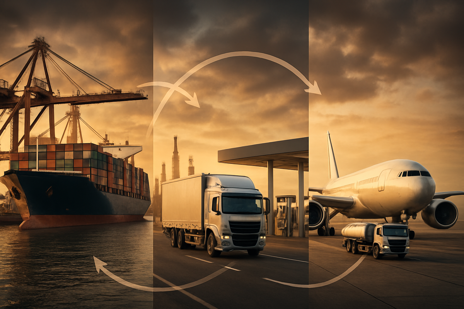 Create a realistic image of a split-screen composition showing different transport sectors affected by energy prices: on the left side, a large cargo ship at a busy port with containers being loaded by cranes, in the center, a freight truck on a highway next to a fuel station with visible fuel pumps, and on the right side, a commercial airplane on an airport tarmac with fuel trucks nearby, all connected by subtle arrows or flowing lines suggesting interconnection, set against a backdrop of an oil refinery with smokestacks in the distance, under dramatic cloudy skies with warm golden lighting that creates an industrial atmosphere, absolutely NO text should be in the scene.