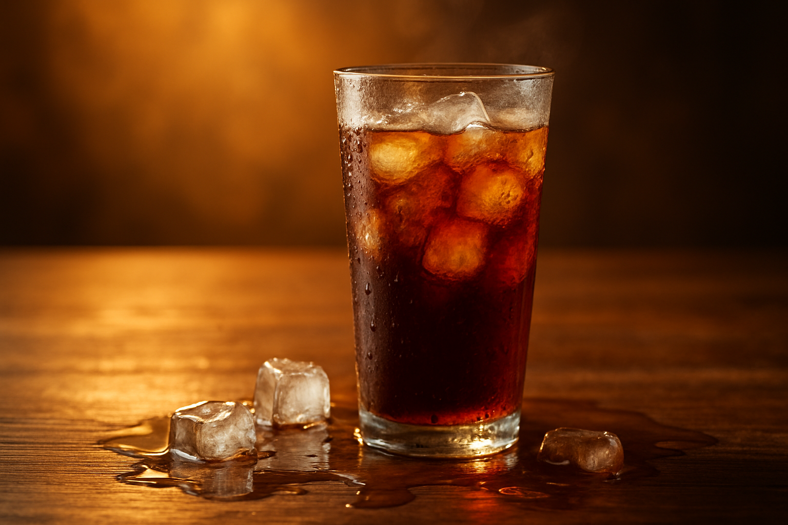 Create a realistic image of a tall glass of iced beverage sitting on a wooden table with rapidly melting ice cubes creating a pool of water around the base, showing large ice cubes that are visibly dissolving and shrinking, with condensation droplets running down the glass exterior, steam or heat waves subtly visible in the background suggesting warm ambient temperature, warm golden lighting that emphasizes the contrast between the cold drink and warm environment, with water puddles and melted ice water diluting the drink color, creating a scene that demonstrates how quickly ice melts and ruins the drinking experience, absolutely NO text should be in the scene.