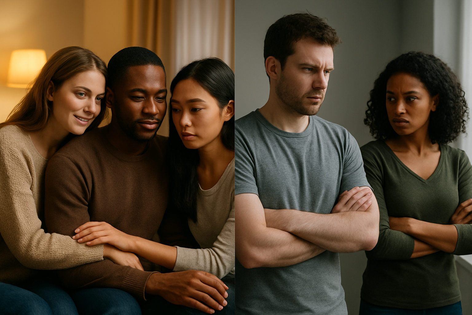 Create a realistic image of two contrasting scenes side by side showing the impact of different types of love on personal relationships: on the left, a warm, supportive scene with a diverse group including a white female, black male, and Asian female sitting together in comfortable lighting, showing genuine care and selfless interaction through gentle gestures like listening attentively and offering comfort; on the right, a tense scene with a white male and black female in harsh lighting displaying possessive body language, jealousy, and conditional affection through crossed arms and distant positioning, with a muted color palette contrasting the warm golden tones of the left scene, set in a simple indoor environment with soft natural lighting filtering through windows. Absolutely NO text should be in the scene.