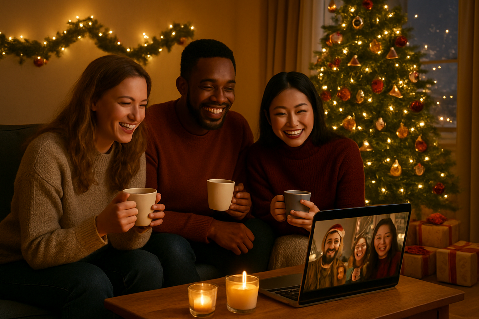 Create a realistic image of a cozy living room scene during Christmas evening with warm golden lighting from string lights and candles, featuring a diverse group of people including a white female, black male, and Asian female sitting together on a comfortable sofa, sharing hot drinks and smiling while video calling on a laptop screen, with a beautifully decorated Christmas tree in the background adorned with both traditional ornaments and unique cultural decorations from different countries, wrapped presents underneath, festive garlands on the walls, and through a window showing snow falling outside with distant city lights, creating an atmosphere of warmth, connection, and celebration that bridges the gap between home and away during the holiday season, absolutely NO text should be in the scene.