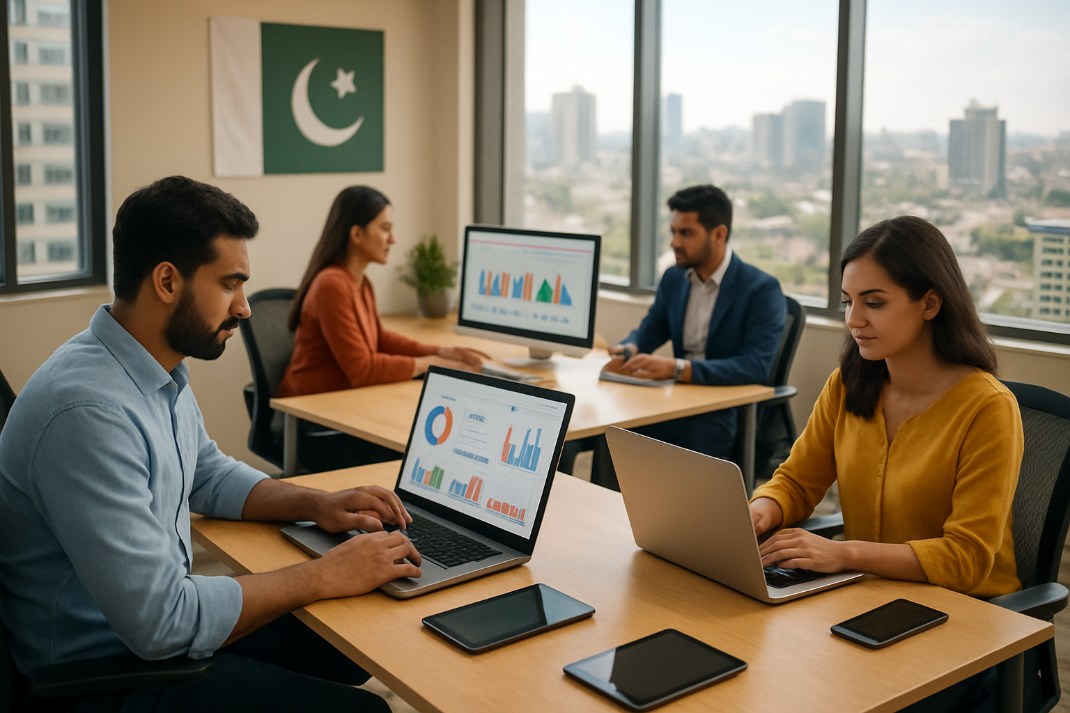 Create a realistic image of a modern Pakistani office space showcasing digital marketing activities with South Asian male and female professionals working on laptops and computers displaying colorful analytics dashboards, social media platforms, and marketing graphs, surrounded by contemporary office furniture, large windows showing Karachi or Lahore cityscape in the background, bright natural lighting creating a productive atmosphere, with smartphones, tablets, and digital devices scattered on desks, Pakistani flag subtly visible on a wall, warm and energetic mood representing the thriving tech industry, absolutely NO text should be in the scene.