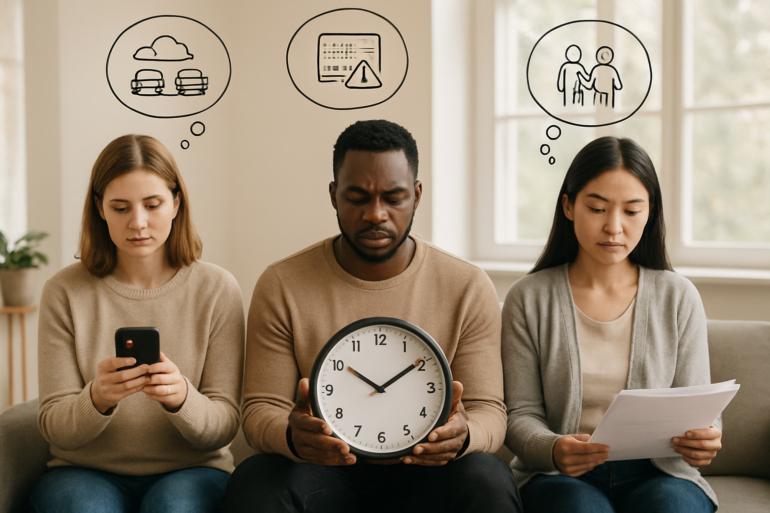 Create a realistic image of a diverse group including a white female, black male, and Asian female sitting in a modern, well-lit room with soft natural lighting from large windows, each person holding different visual representations of stress triggers such as a smartphone showing notifications, a clock, and work documents, with thought bubbles or mind maps visible around them containing small icons representing common stressors like traffic, deadlines, and family responsibilities, the scene should convey contemplation and self-reflection with a calm, therapeutic atmosphere, warm neutral colors dominating the background, absolutely NO text should be in the scene.