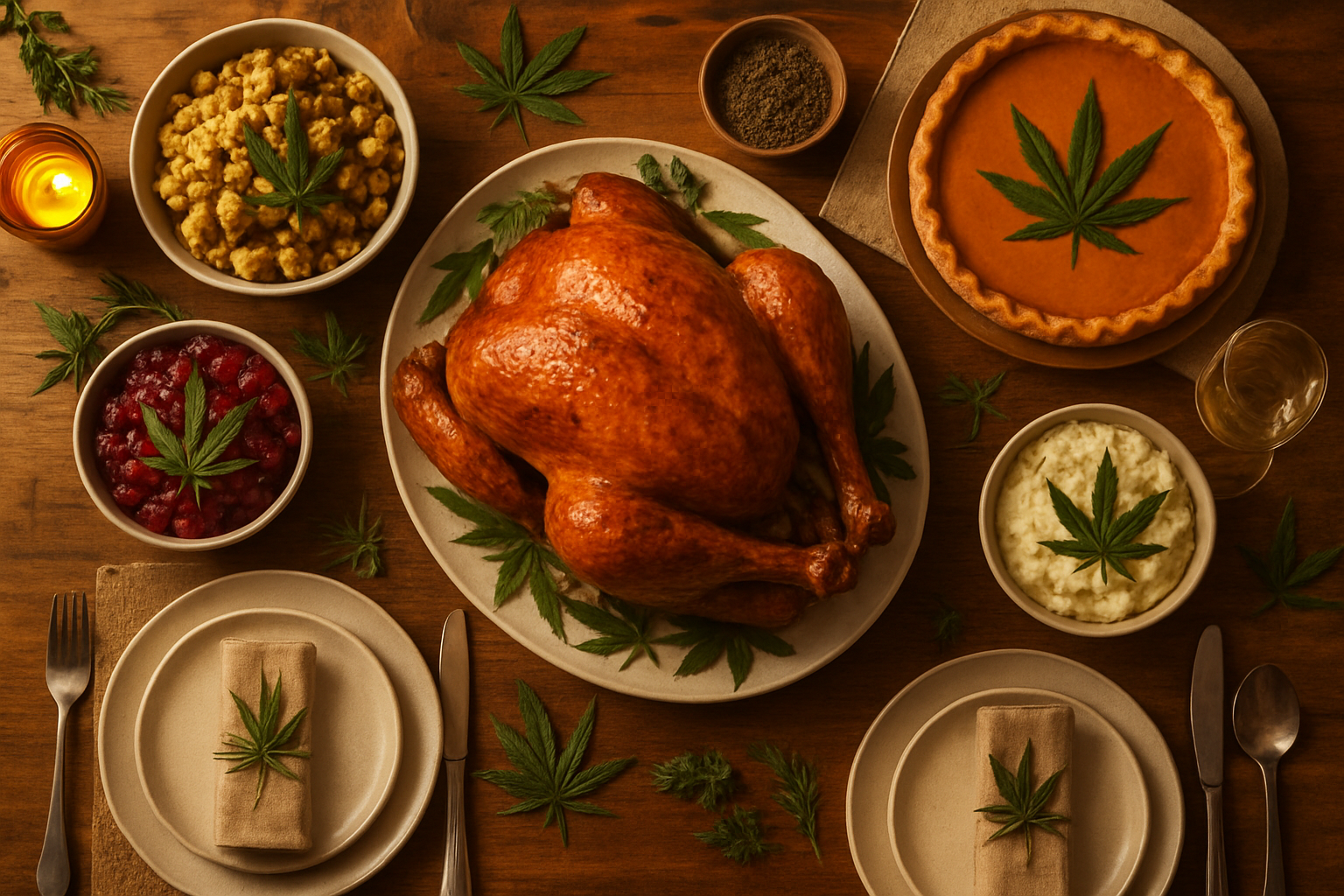 Create a realistic image of a modern Thanksgiving dinner table from above, featuring traditional holiday dishes like roasted turkey, stuffing, cranberry sauce, and pumpkin pie alongside hemp leaves used as natural garnish and decoration, with warm amber lighting creating a cozy autumnal atmosphere, wooden table surface with elegant place settings, and subtle aromatic herbs scattered around the plates suggesting the integration of cannabis culture into contemporary holiday traditions, absolutely NO text should be in the scene.