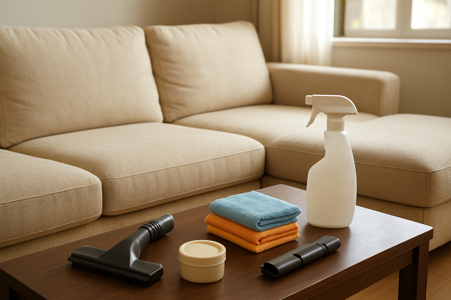 Create a realistic image of a well-maintained living room sofa being carefully cleaned and maintained, showing cleaning supplies like fabric cleaner spray bottle, microfiber cloths, vacuum cleaner attachments, and leather conditioner arranged nearby on a coffee table, with soft natural lighting from a window creating a clean and organized domestic atmosphere, featuring a beige or cream colored sectional sofa as the main focus, absolutely NO text should be in the scene.