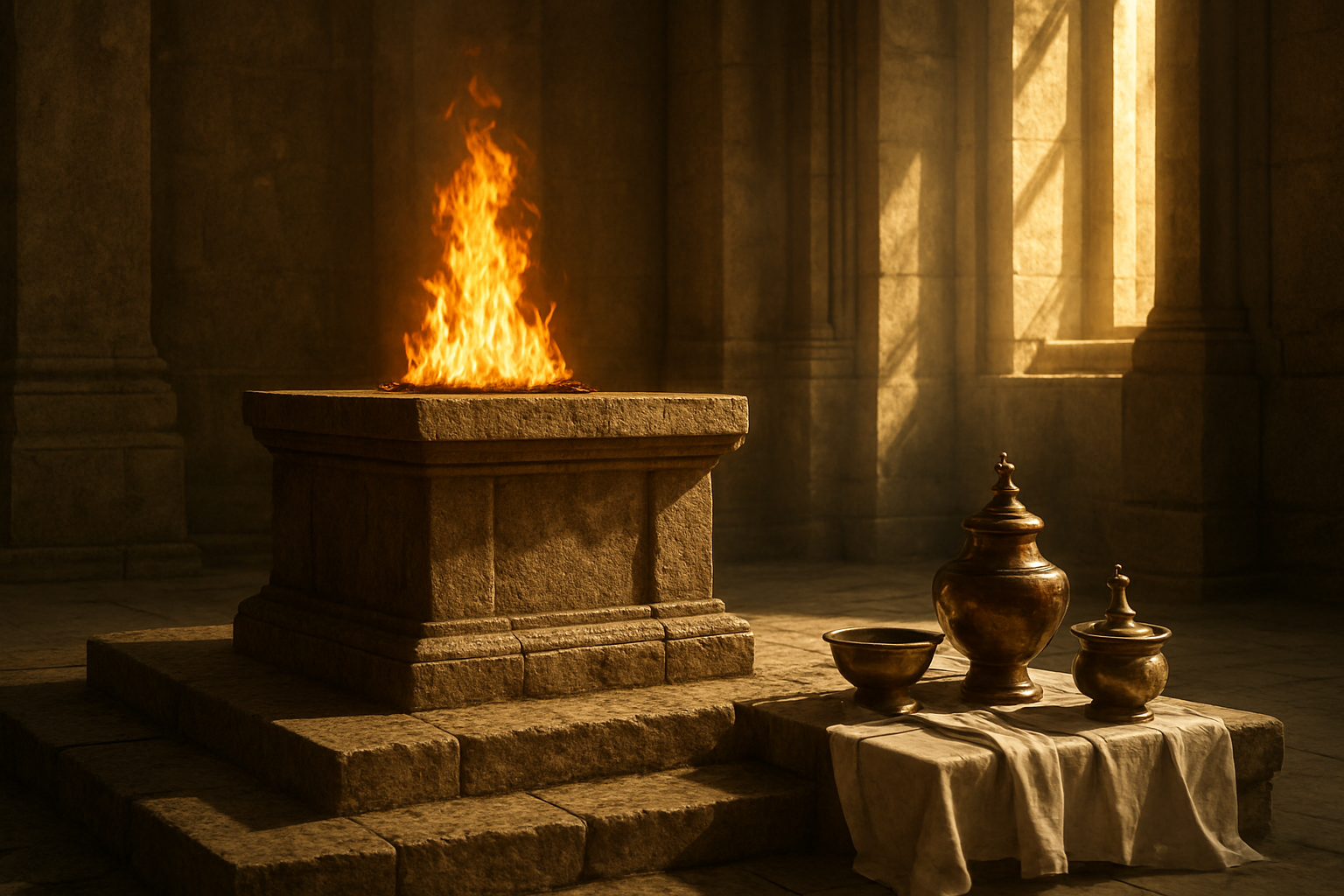 Create a realistic image of an ancient stone altar with sacred flames burning brightly on top, set in a solemn temple interior with golden light streaming through tall windows, casting dramatic shadows on weathered stone walls, with ornate bronze ceremonial vessels and white linen cloth arranged nearby, creating a reverent and holy atmosphere that emphasizes divine perfection and sacred requirements, absolutely NO text should be in the scene.