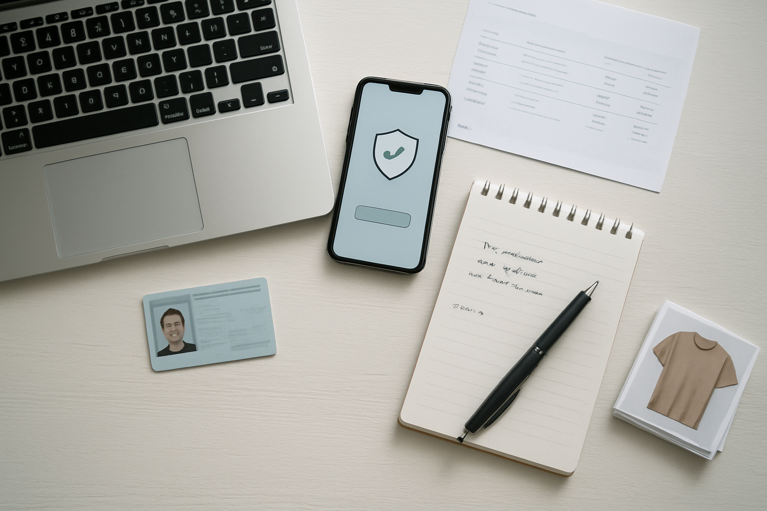Create a realistic image of a clean, organized desk workspace from a top-down view with essential documents and items laid out for creating an online seller account, including a government-issued ID card, bank statements, smartphone displaying a verification screen, laptop computer, notepad with handwritten notes, pen, and small stack of product photos, all arranged neatly on a white wooden desk surface with soft natural lighting from a nearby window, creating a professional and prepared atmosphere, absolutely NO text should be in the scene.
