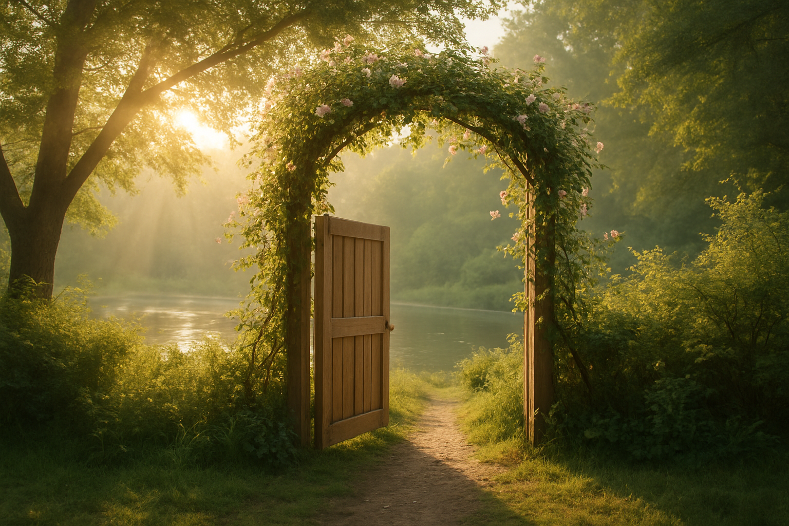 Create a realistic image of a serene outdoor scene with gentle morning sunlight filtering through tree branches, casting soft golden rays on a peaceful garden or riverside setting, featuring an open wooden gate or doorway symbolizing receptivity, with delicate flowering vines growing around it, soft green foliage in the background, calm water reflecting light in the distance, creating a tranquil atmosphere of spiritual openness and welcome, with warm natural lighting and a sense of invitation and peace, absolutely NO text should be in the scene.