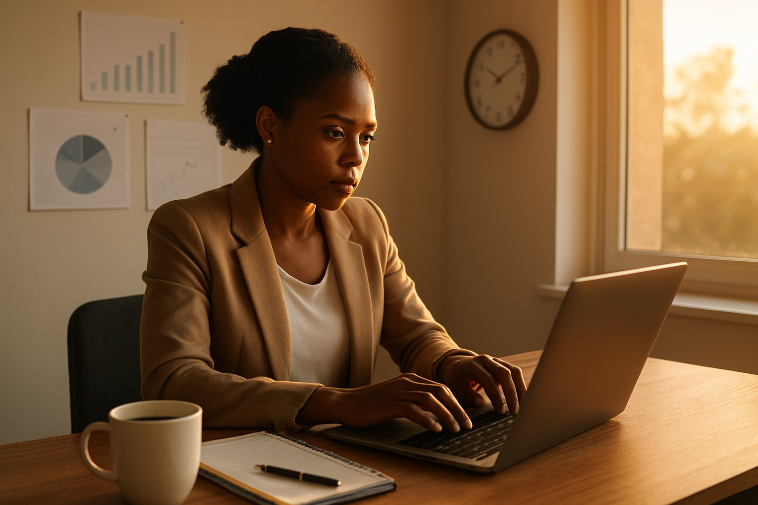 Create a realistic image of a focused black female professional in her 30s sitting at a modern home office desk during golden hour morning light, energetically working on a laptop with organized planners and a coffee cup nearby, surrounded by motivational charts and a clock showing early morning hours, with warm natural lighting streaming through a window creating an atmosphere of peak productivity and energy, absolutely NO text should be in the scene.