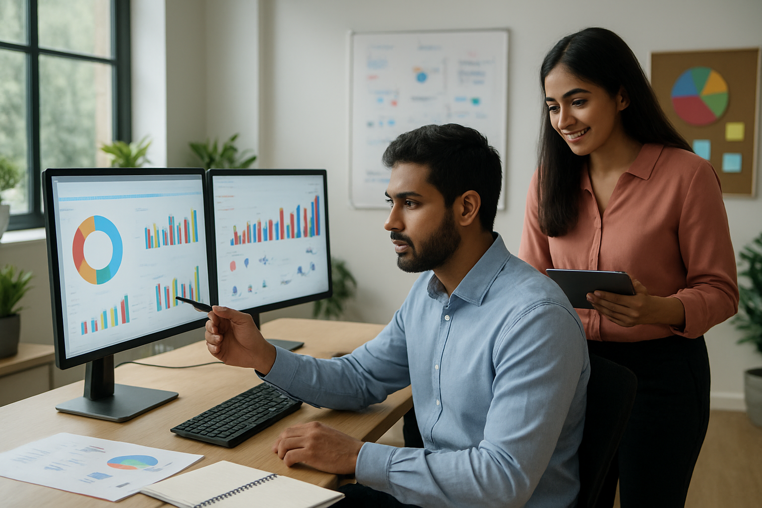 Create a realistic image of a modern Pakistani office workspace showing diverse marketing professionals working on social media campaigns, featuring a South Asian male marketing specialist analyzing colorful data charts and graphs on multiple computer monitors displaying social media analytics, engagement metrics, and growth statistics, with a South Asian female colleague collaborating nearby using a tablet, surrounded by a clean contemporary office environment with natural lighting from large windows, plants, and marketing strategy boards in the background, conveying a professional and results-driven atmosphere. Absolutely NO text should be in the scene.
