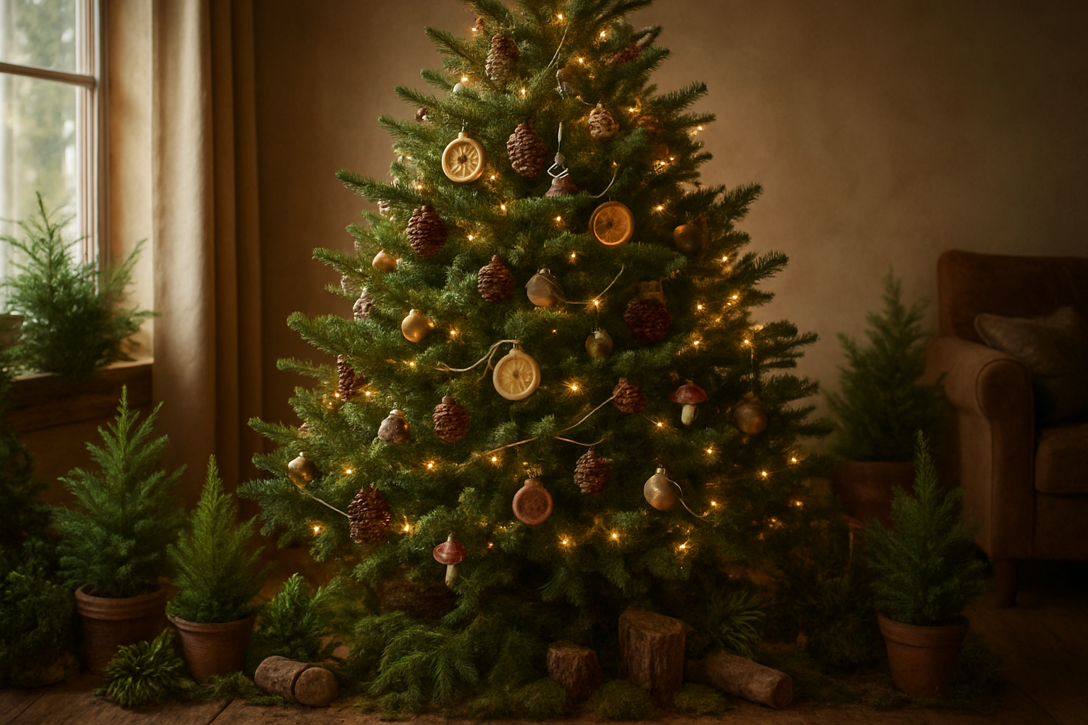 Create a realistic image of a beautifully decorated Christmas tree with nature-inspired ornaments including pinecones, wooden slice ornaments, dried orange slices, small bird decorations, miniature mushrooms, and natural twine garlands, surrounded by potted evergreen plants, wooden logs, and forest elements like ferns and moss at the base, set in a cozy living room with warm ambient lighting from string lights and natural window light, creating a rustic woodland atmosphere that brings outdoor elements indoors, absolutely NO text should be in the scene.
