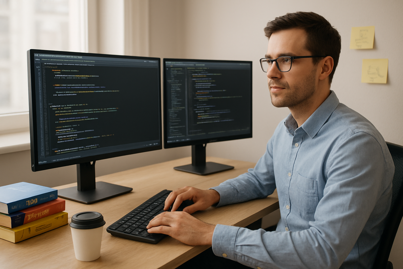 Create a realistic image of a modern office workspace with two computer monitors displaying complex Java code and development environments, a white male developer in his 30s sitting at the desk looking focused and confident, Java programming books stacked neatly on the desk, a coffee cup, sticky notes with coding diagrams, a clean minimalist desk setup with good natural lighting from a window, professional atmosphere suggesting expertise and mastery, warm daylight creating a productive coding environment, absolutely NO text should be in the scene.