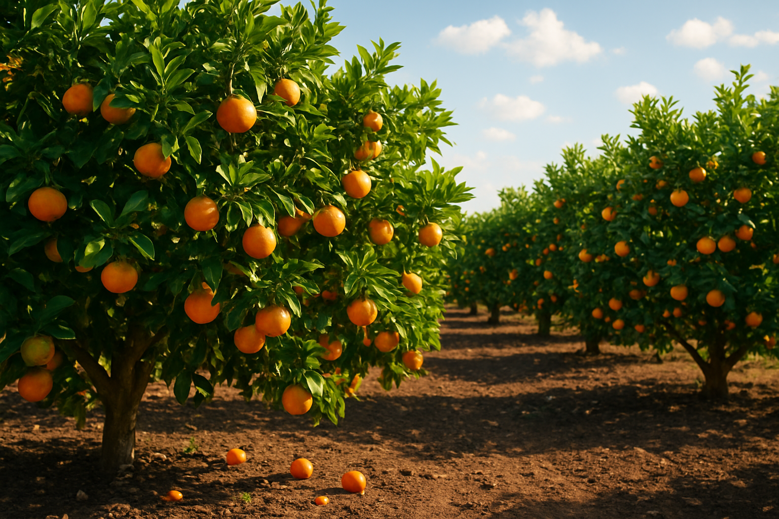 Create a realistic image of a thriving tangerine orchard with mature citrus trees heavy with bright orange tangerines in various stages of ripeness, some still green, showcasing rows of trees under warm golden sunlight with rich dark soil, blue sky with scattered white clouds, lush green foliage, and a few fallen ripe tangerines on the ground beneath the trees, depicting ideal growing conditions in a Mediterranean-style agricultural setting. Absolutely NO text should be in the scene.