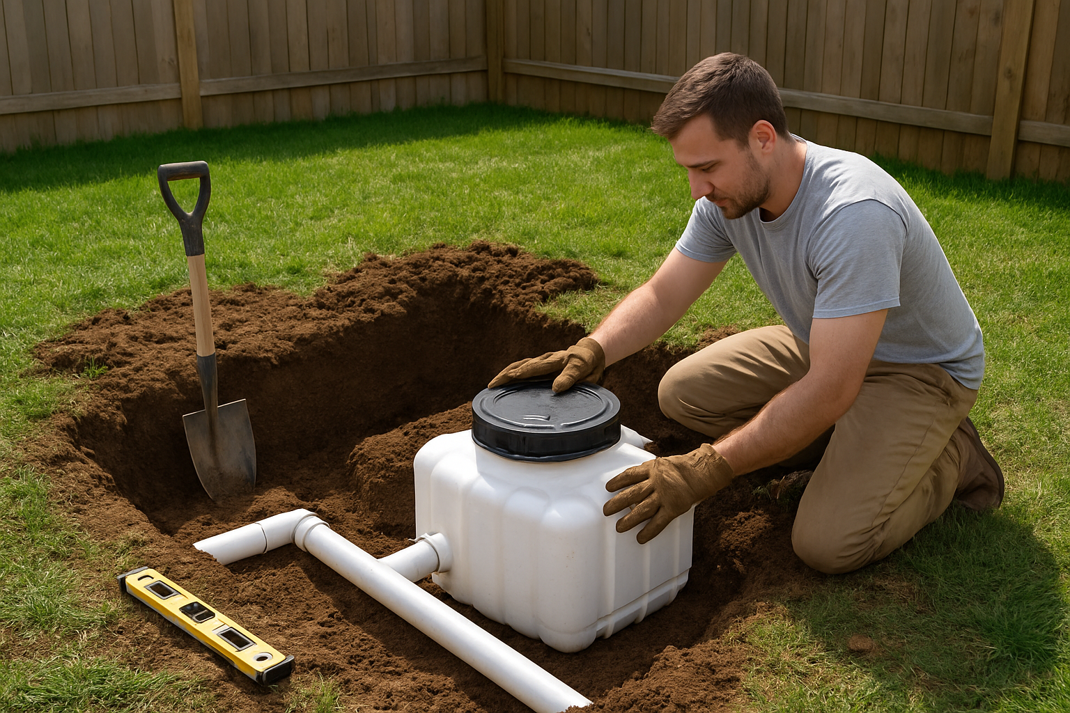 Create a realistic image of a white male person in work clothes and gloves kneeling in a backyard installing a DIY septic system for dog waste, showing an excavated hole in the ground with PVC pipes, a plastic septic tank container, and installation tools like a shovel and level scattered around, with a residential fence and green grass in the background, bright daylight scene with clear visibility of the installation components, absolutely NO text should be in the scene.