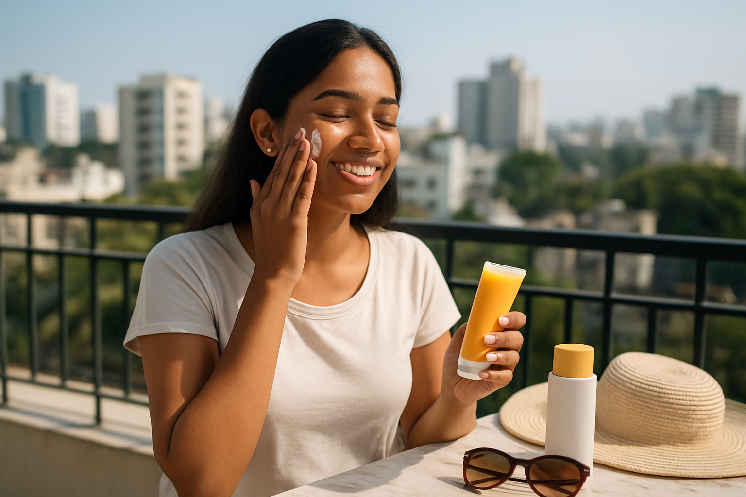 Create a realistic image of a South Asian female applying broad-spectrum sunscreen to her face while standing on a sunny balcony in Bangalore with urban skyline in the background, featuring various SPF products including sunscreen tubes, UV protection hat, and sunglasses arranged on a marble surface, with bright natural sunlight streaming through, creating a clean and fresh skincare routine atmosphere, shot in soft natural lighting that emphasizes the importance of daily sun protection, absolutely NO text should be in the scene.