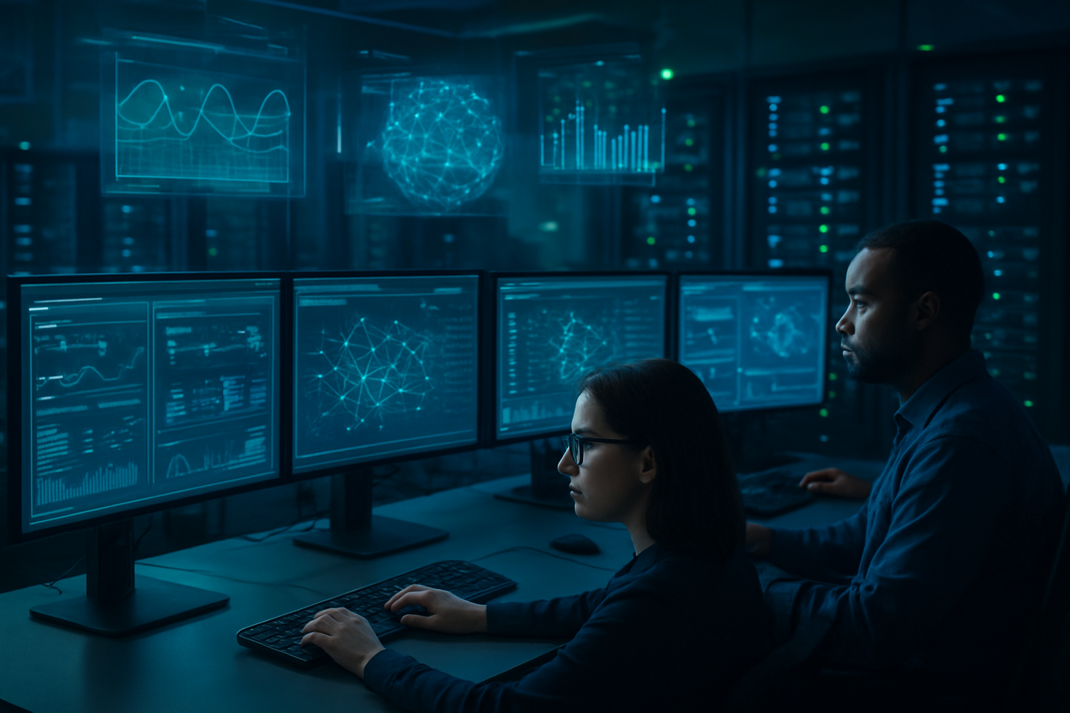 Create a realistic image of a modern banking security operations center with multiple computer monitors displaying real-time fraud detection dashboards, neural network visualizations, and security alerts, featuring a diverse team of cybersecurity analysts including a white female analyst and a black male analyst working at workstations with glowing screens showing AI-powered threat detection interfaces, set in a dimly lit high-tech environment with blue and green ambient lighting from the screens, banks of servers visible in the background, and holographic data visualizations floating above the workstations showing transaction patterns and anomaly detection algorithms in action, absolutely NO text should be in the scene.