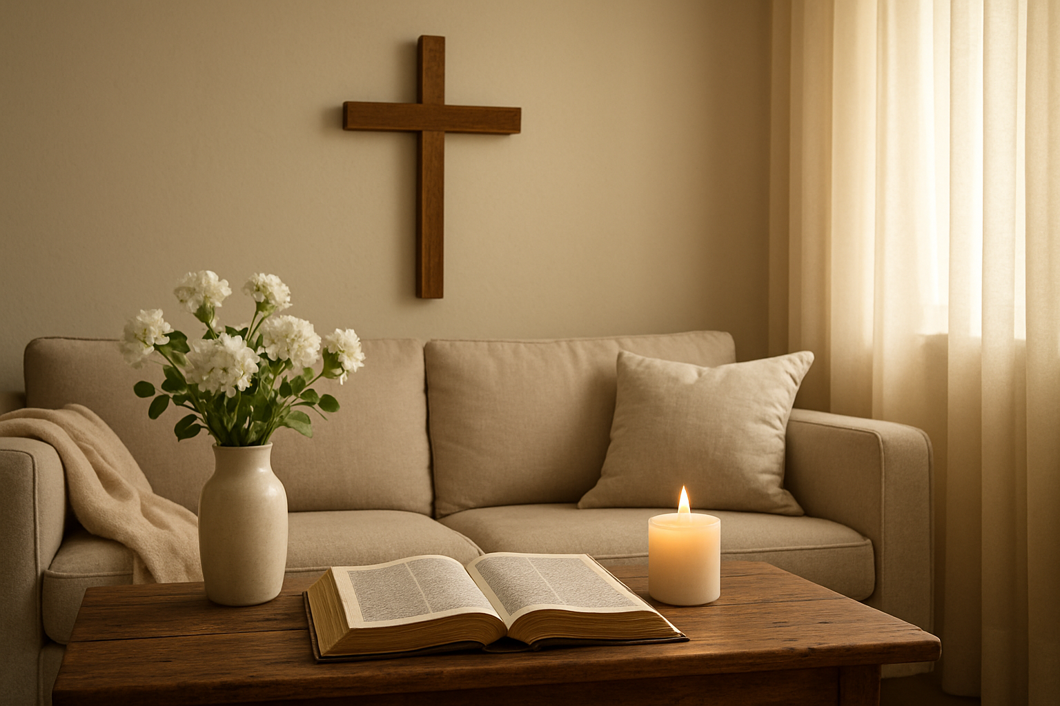 Create a realistic image of a beautifully arranged living room with Christian elements thoughtfully integrated, featuring a wooden cross mounted on a cream-colored wall, an open Bible placed on a rustic wooden coffee table next to a softly glowing candle, fresh white flowers in a simple vase, warm natural lighting streaming through sheer curtains, comfortable neutral-toned furniture with soft throw pillows, and a peaceful, serene atmosphere that conveys sanctity and home comfort, absolutely NO text should be in the scene.