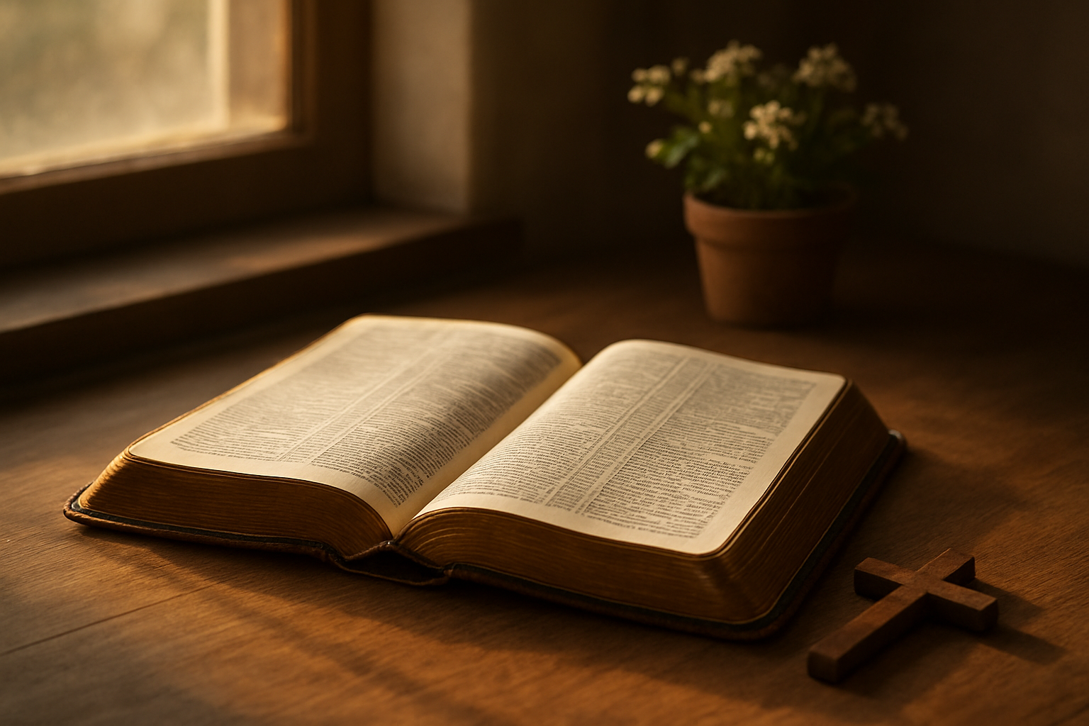 Create a realistic image of an open vintage leather-bound Bible with worn golden edges resting on a wooden table, soft morning sunlight streaming through a nearby window illuminating the pages, a small potted plant with delicate flowers in the background, warm and peaceful atmosphere with gentle shadows, the Bible opened to pages with visible text columns, a simple wooden cross placed nearby, cozy home setting with soft natural lighting creating a serene and contemplative mood, absolutely NO text should be in the scene.