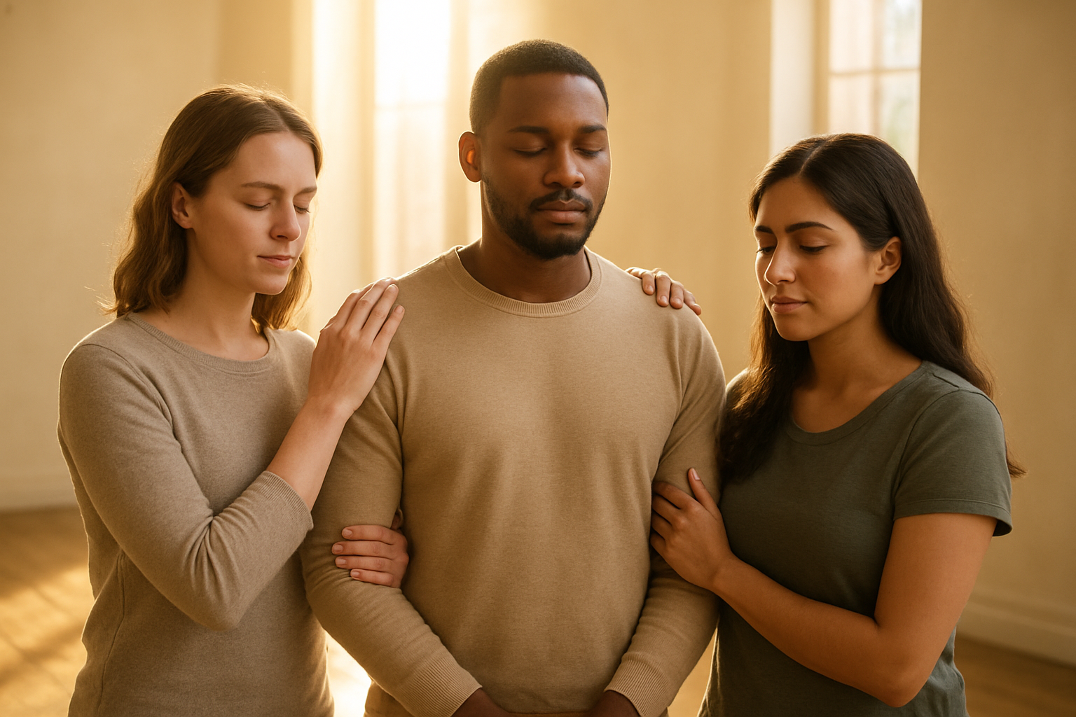 Create a realistic image of a diverse group of people including a white female, black male, and Hispanic female standing together with their hands gently placed on each other's shoulders in a gesture of unity and support, soft golden sunlight streaming through tall windows behind them creating a warm and inspirational atmosphere, their faces showing peaceful determination and compassion, wearing simple modern clothing, standing in a clean minimalist indoor space with warm wooden floors, the lighting creating a gentle glow around the group suggesting divine presence and calling, the overall mood conveying spiritual purpose and community service, absolutely NO text should be in the scene.