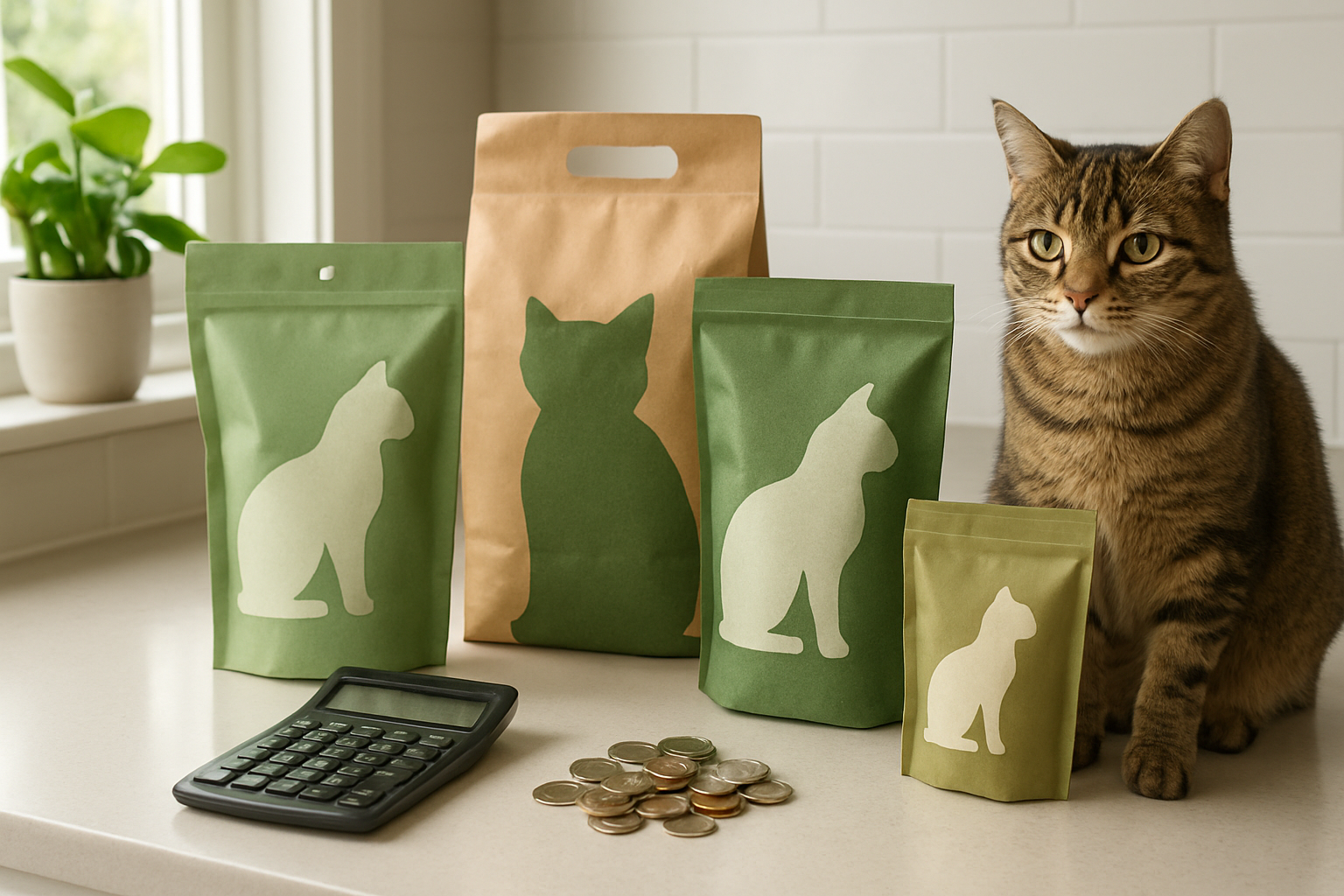 Create a realistic image of a clean, modern kitchen counter displaying several different types of eco-friendly cat litter packages in various shades of green and earth tones, with a calculator and coins scattered nearby suggesting cost comparison, a house plant in the background, natural lighting streaming through a window, and a content tabby cat sitting beside the products, all arranged in an organized comparison setup that conveys smart shopping decisions for environmentally conscious pet owners, absolutely NO text should be in the scene.