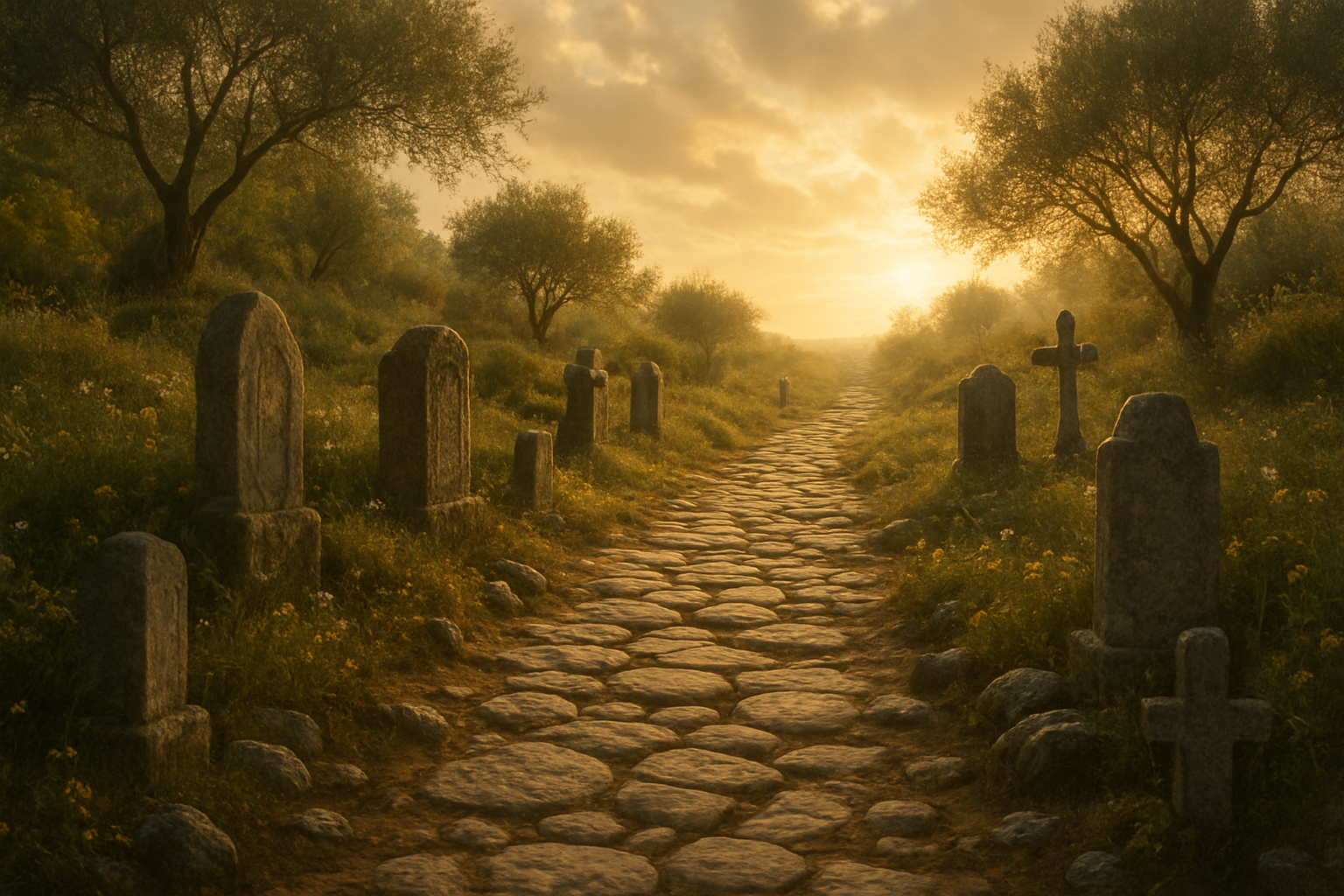 Create a realistic image of an ancient stone pathway winding upward through a serene landscape, with weathered stone markers or monuments along the sides representing generations of faith, golden sunlight filtering through soft clouds creating a warm, hopeful atmosphere, olive trees and wildflowers dotting the hillsides, the path leading toward a distant horizon bathed in ethereal light, conveying themes of spiritual journey, endurance, and generational impact, with a peaceful and inspiring mood that suggests faith passed down through time, absolutely NO text should be in the scene.