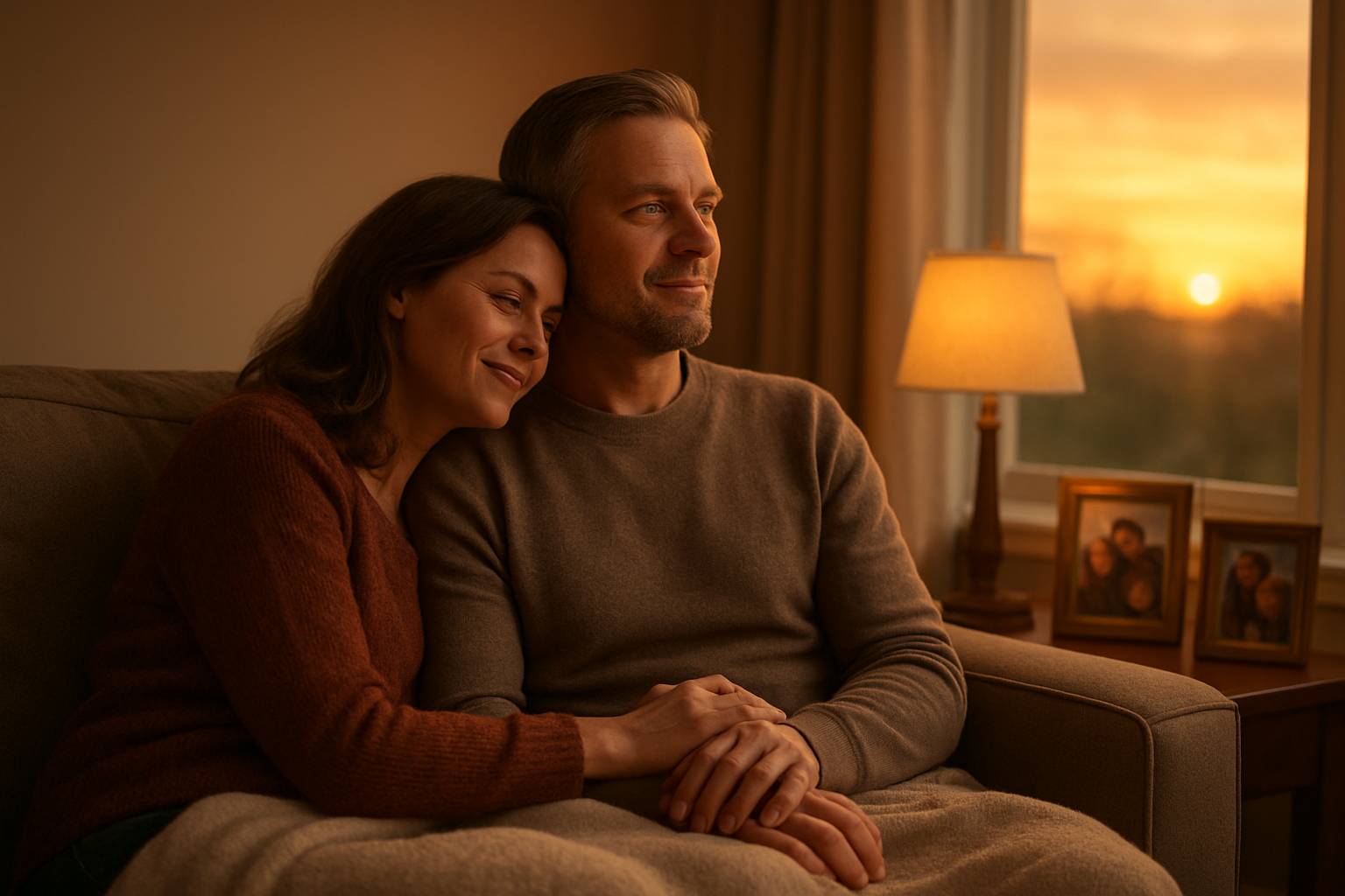 Create a realistic image of a mature white couple in their 30s sitting together on a comfortable couch in a warmly lit living room, the woman leaning into the man's shoulder while they both look contentedly toward a large window showing a golden sunset, their hands gently intertwined resting on a soft blanket, with family photos on a nearby side table, warm amber lighting creating a cozy atmosphere that conveys deep commitment and chosen love rather than passionate infatuation, soft focus on background elements while keeping the couple sharp and clear, absolutely NO text should be in the scene.