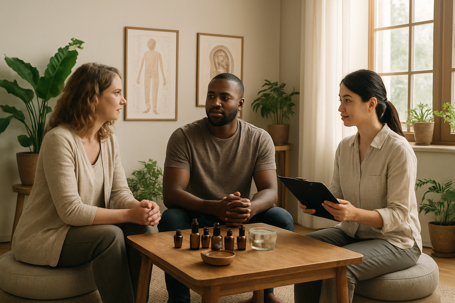 Create a realistic image of a serene wellness center consultation room with a diverse group including a white female therapist, a black male client, and an Asian female practitioner sitting around a wooden table discussing treatment options, surrounded by natural elements like potted plants, essential oil bottles, meditation cushions, acupuncture charts on the wall, and soft natural lighting streaming through large windows, creating a calm and holistic healing atmosphere that represents integrative addiction treatment approaches, absolutely NO text should be in the scene.