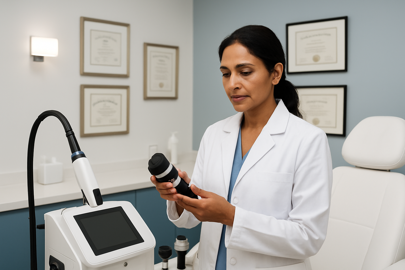 Create a realistic image of a modern medical consultation room in a premium skin clinic with an experienced South Asian female dermatologist in a white coat examining skincare equipment including dermascopes and laser devices, with medical diplomas and certifications displayed on the wall behind her, professional lighting illuminating the clean white and blue interior, conveying expertise and trustworthiness, absolutely NO text should be in the scene.
