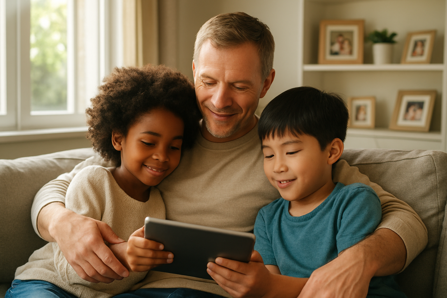 Create a realistic image of a middle-aged white father sitting on a comfortable couch in a modern living room, gently embracing his two children - a young black girl and an Asian boy - while they look at a tablet together, with warm natural lighting streaming through large windows, family photos displayed on nearby shelves, and a peaceful, nurturing atmosphere that conveys love, connection, and modern family values, absolutely NO text should be in the scene.