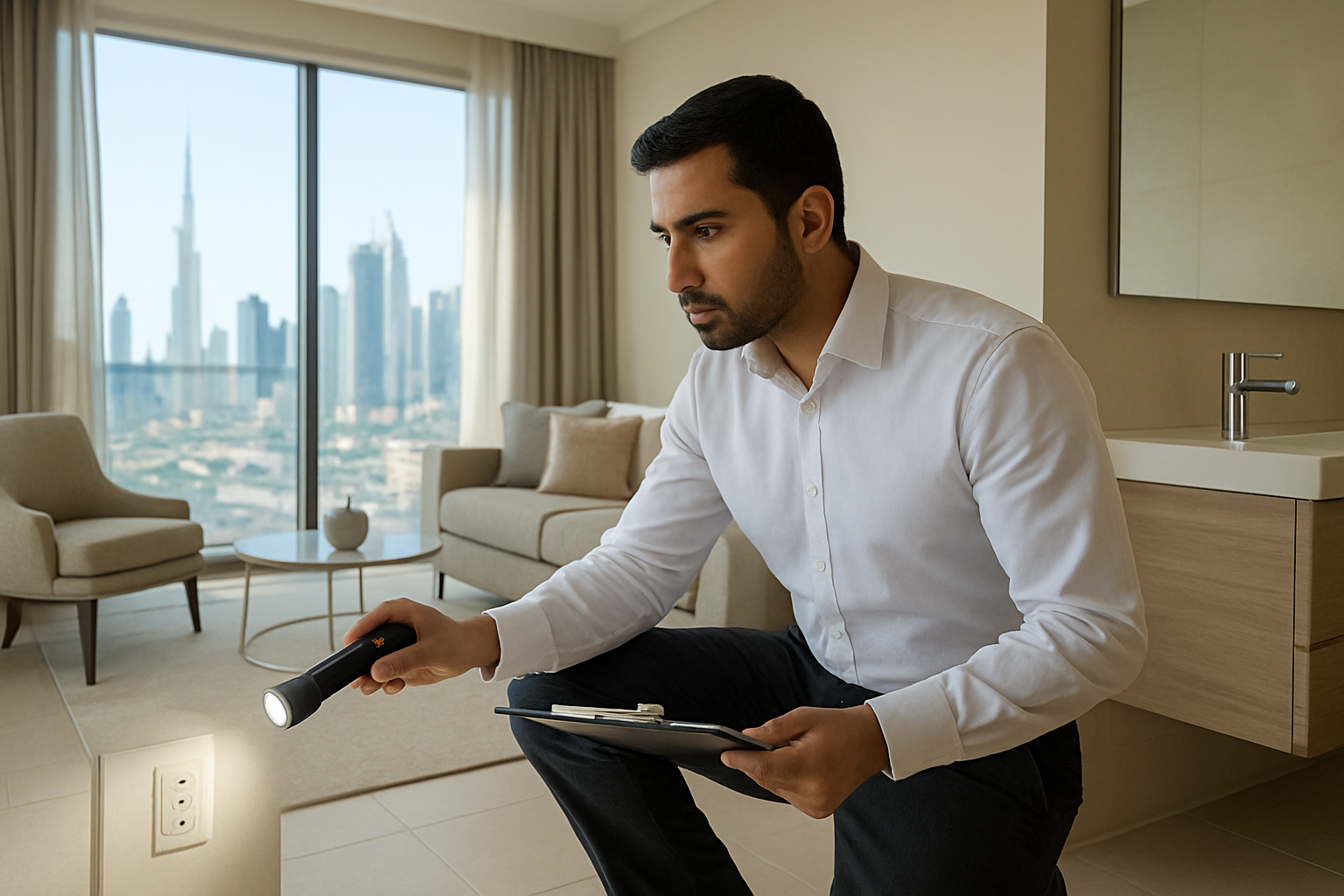 Create a realistic image of a professional Middle Eastern male property inspector in his 30s wearing a white dress shirt and dark pants, carefully examining a modern Dubai apartment with a clipboard and flashlight, checking electrical outlets, plumbing fixtures, and wall conditions, with luxury furnishings and floor-to-ceiling windows showing Dubai's skyline in the background, bright natural lighting illuminating the spacious interior, conveying thoroughness and attention to detail, absolutely NO text should be in the scene.