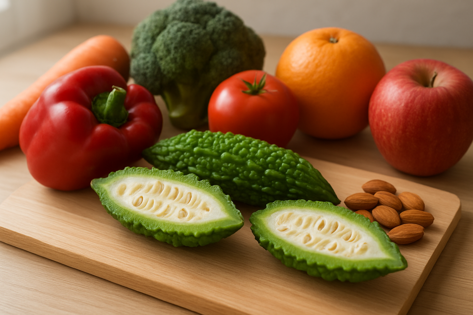 Create a realistic image of fresh bitter melons cut in half displaying their distinctive warty green exterior and white flesh with seeds, arranged alongside vibrant healthy foods like colorful vegetables, fruits, and nuts on a clean wooden cutting board, with soft natural lighting from a window creating gentle shadows, emphasizing the nutritional and health benefits concept through the fresh, organic appearance of the produce, absolutely NO text should be in the scene.