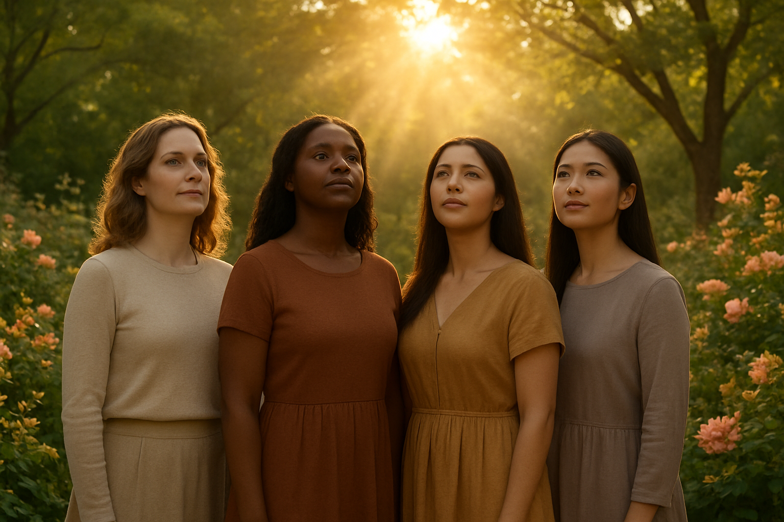 Create a realistic image of a diverse group of women of different races (white, black, Hispanic, Asian) standing together in a serene garden setting with soft golden hour lighting, each woman displaying confident and peaceful expressions while looking toward a bright, warm light source above, surrounded by beautiful flowering plants and trees that symbolize growth and flourishing, with gentle rays of sunlight filtering through the foliage creating a sense of divine presence and purpose, the women wearing modest contemporary clothing in soft earth tones, the overall mood conveying strength, dignity, unity and spiritual fulfillment, absolutely NO text should be in the scene.