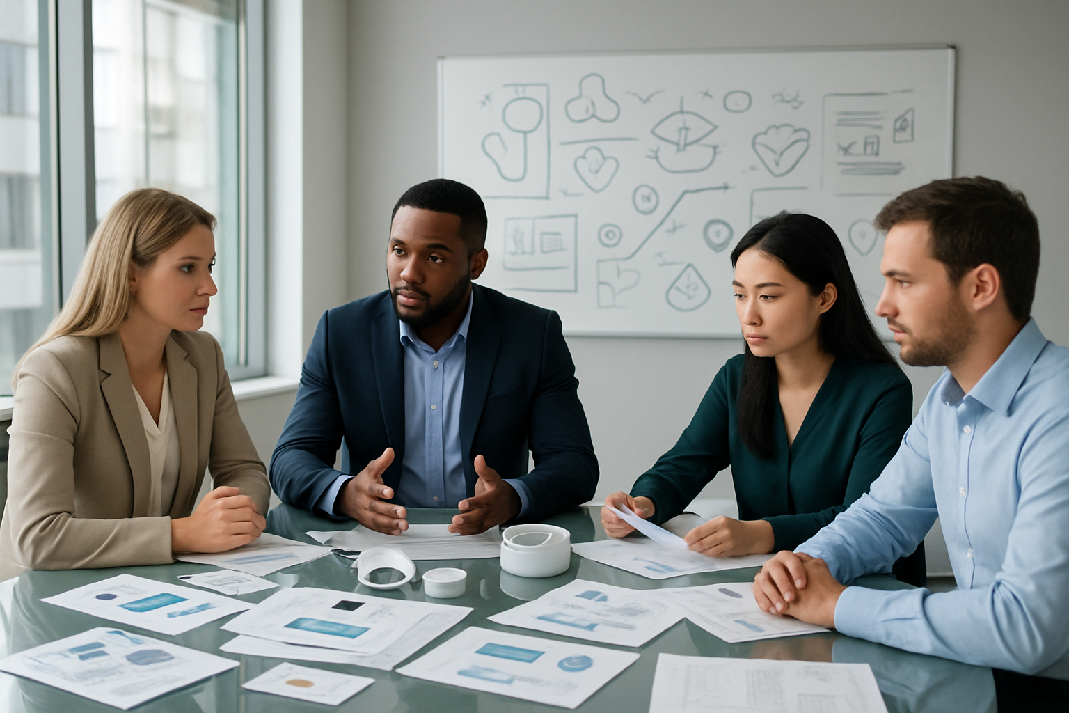 Create a realistic image of a modern office conference room with a diverse group of healthcare startup founders - including a white female entrepreneur, a black male consultant, and an Asian female marketing expert - sitting around a glass table covered with scattered branding materials, medical device prototypes, regulatory compliance documents, and competitor analysis sheets, while a whiteboard in the background shows complex diagrams with medical symbols, brand logos, and regulatory checkmarks, set in a bright contemporary workspace with natural lighting from large windows, conveying a serious yet innovative atmosphere of strategic planning and problem-solving, absolutely NO text should be in the scene.