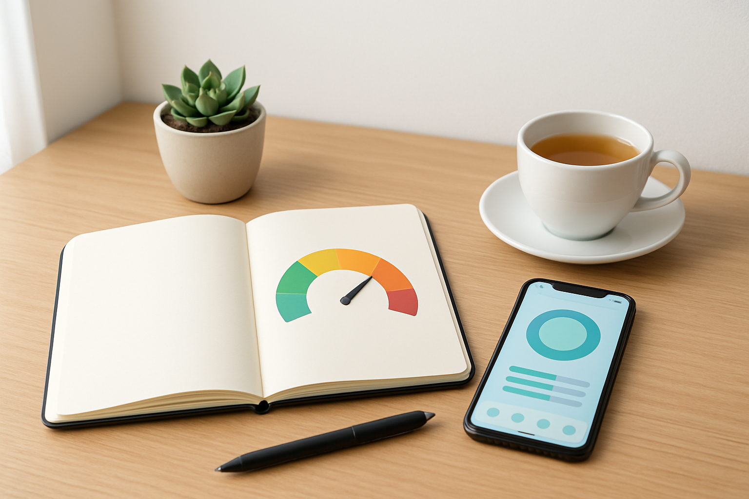 Create a realistic image of a minimalist workspace with a wooden desk featuring an open notebook or planner with a stress measurement scale diagram showing different pressure levels from low to high, a pen lying beside it, a smartphone displaying a wellness app interface, a small potted succulent plant, and a cup of herbal tea, set against a clean white background with soft natural lighting from a nearby window, creating a calm and organized atmosphere for wellness tracking and self-assessment, absolutely NO text should be in the scene.