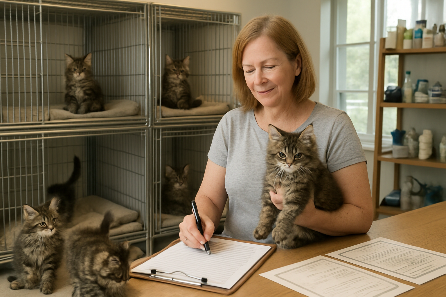 Create a realistic image of a professional cat breeding facility showing multiple adorable Maine Coon kittens in clean, spacious kennels with proper ventilation and comfortable bedding, a middle-aged white female breeder in casual clothing gently holding one fluffy Maine Coon kitten while reviewing paperwork on a clipboard, pedigree certificates and health documentation visible on a nearby desk, other Maine Coon kittens playing in a bright, well-maintained indoor environment with natural lighting from large windows, veterinary supplies and grooming tools organized on shelves in the background, creating a warm and trustworthy atmosphere that demonstrates responsible breeding practices and kitten care. Absolutely NO text should be in the scene.