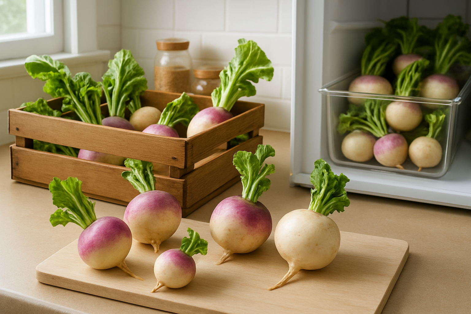 Create a realistic image of fresh turnips displayed in a kitchen setting with some turnips being stored in a wooden crate, others in a refrigerator vegetable drawer, and a few placed on a clean cutting board, showing both purple-topped and white turnips of various sizes with their green leafy tops still attached, natural kitchen lighting from a window, clean and organized kitchen counter with storage containers nearby, emphasizing the freshness and proper selection of high-quality turnips, absolutely NO text should be in the scene.