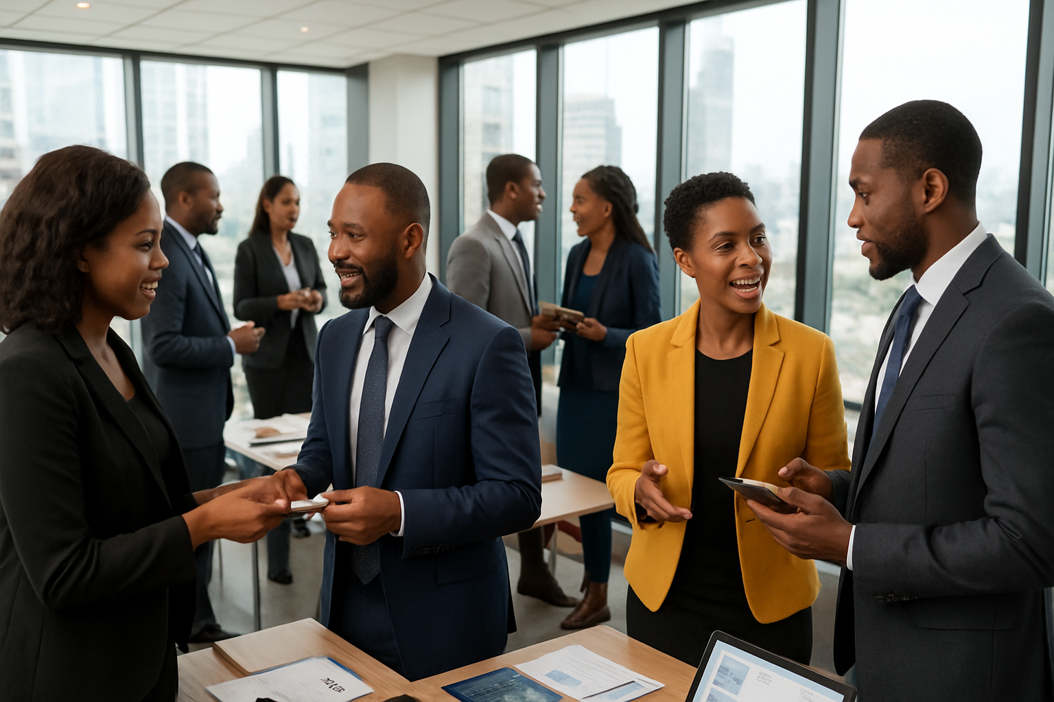 Create a realistic image of a diverse group of Nigerian entrepreneurs including black male and female business professionals engaged in networking activities at a modern business conference or meetup in Lagos, showing people exchanging business cards, having animated discussions, and using smartphones and tablets for digital marketing activities, with some individuals presenting business ideas on laptops, set in a contemporary office space or conference room with large windows showing the Nigerian cityscape, bright natural lighting creating a professional and energetic atmosphere, with marketing materials like brochures and business plans visible on tables, absolutely NO text should be in the scene.